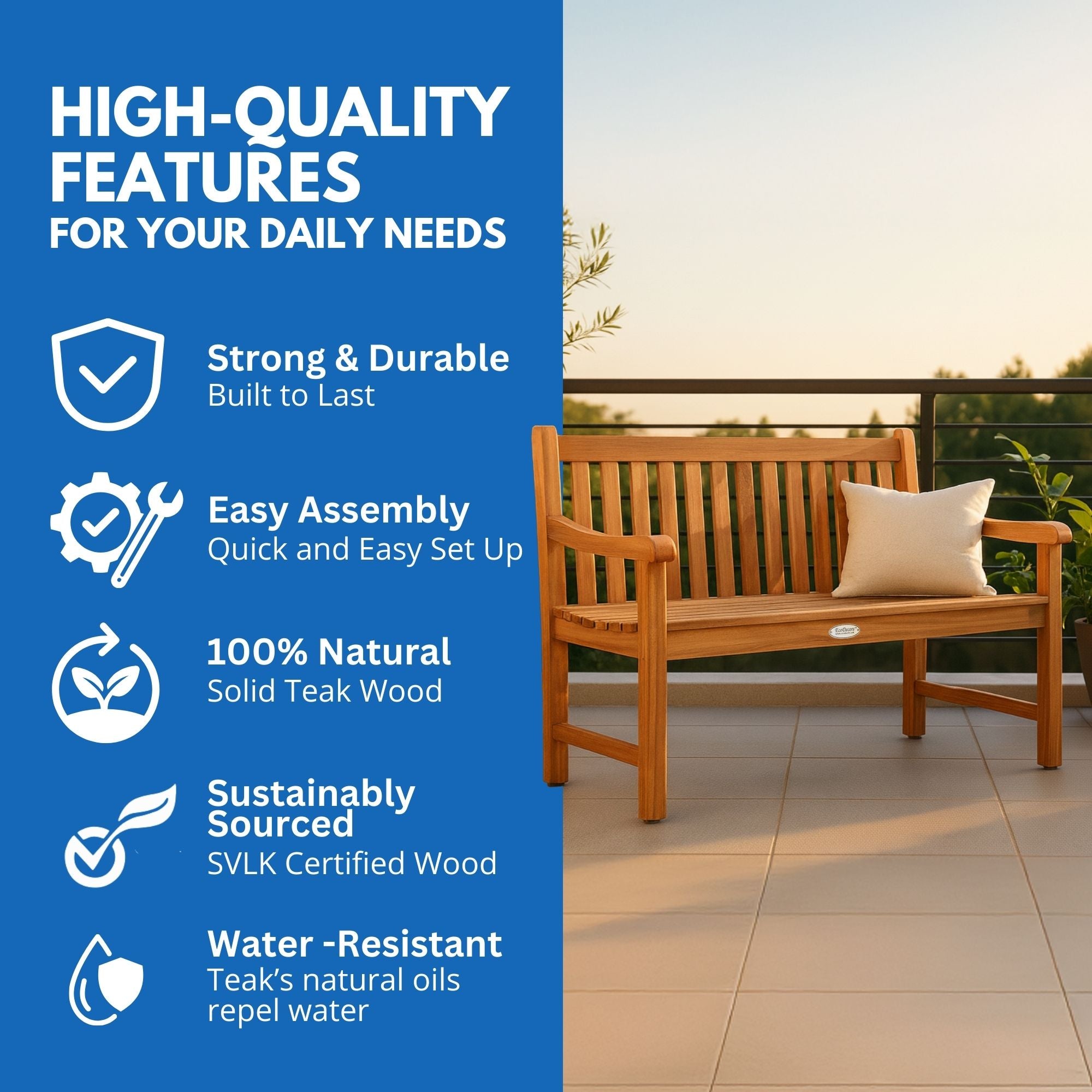 EcoDecors® Hampstead Heath 51" Teak Wood Outdoor Bench in EarthyTeak Finish