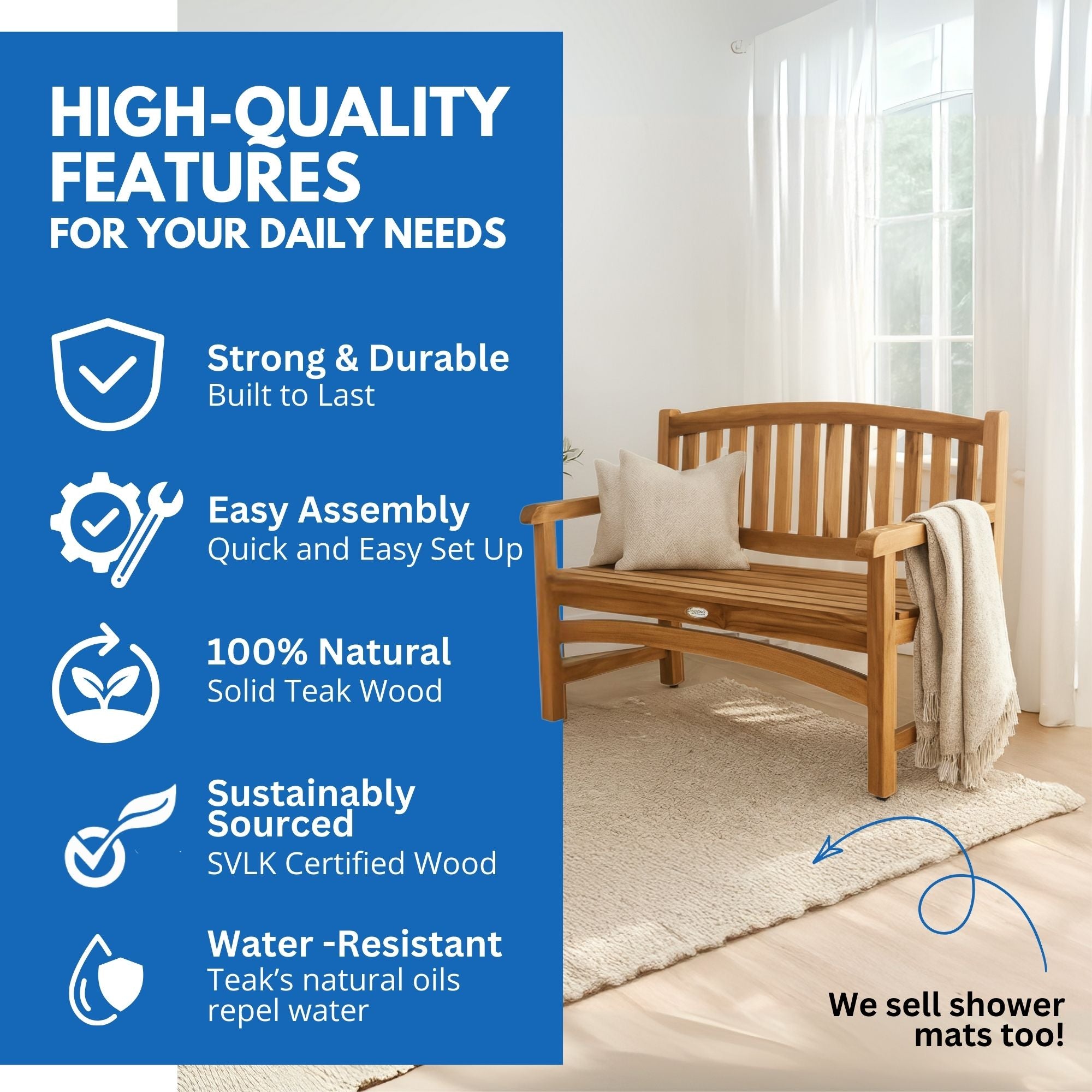 EcoDecors® Kent Garden 51" Teak Wood Outdoor Bench in EarthyTeak Finish