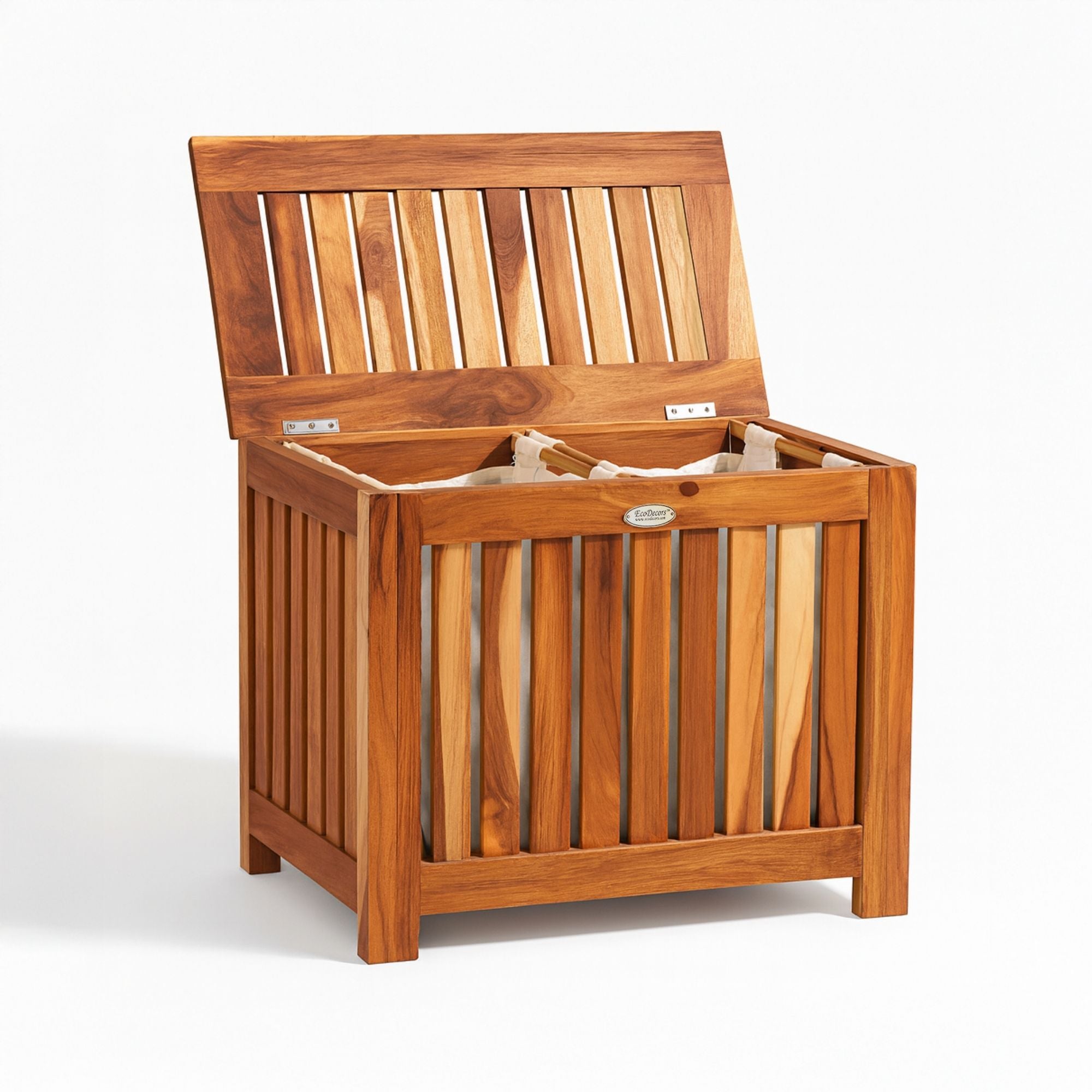 EcoDecors® Eleganto® 23" Wide Teak Wood Double Laundry Storage Hamper with Removable Bags in EarthyTeak® Finish