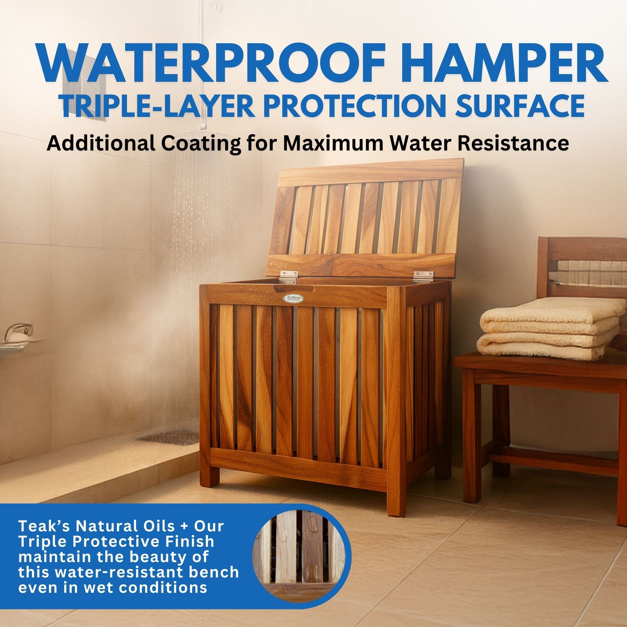 EcoDecors® Eleganto® 23" Wide Teak Wood Double Laundry Storage Hamper with Removable Bags in EarthyTeak® Finish