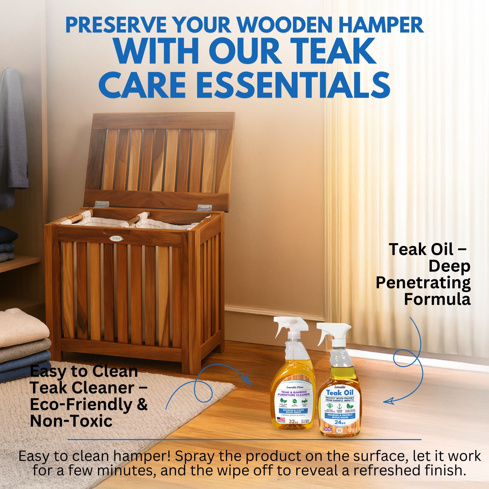 EcoDecors® Eleganto® 23" Wide Teak Wood Double Laundry Storage Hamper with Removable Bags in EarthyTeak® Finish