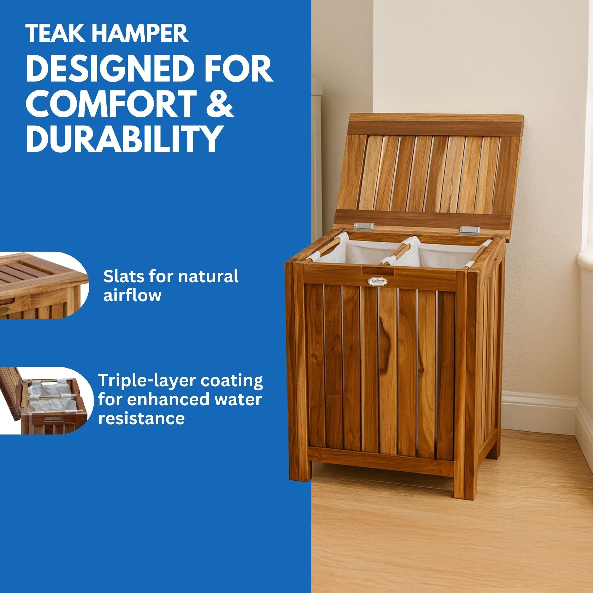 EcoDecors® Eleganto® 18" Teak Wood Double Laundry Storage Hamper with Removable Bags in EarthyTeak Finish