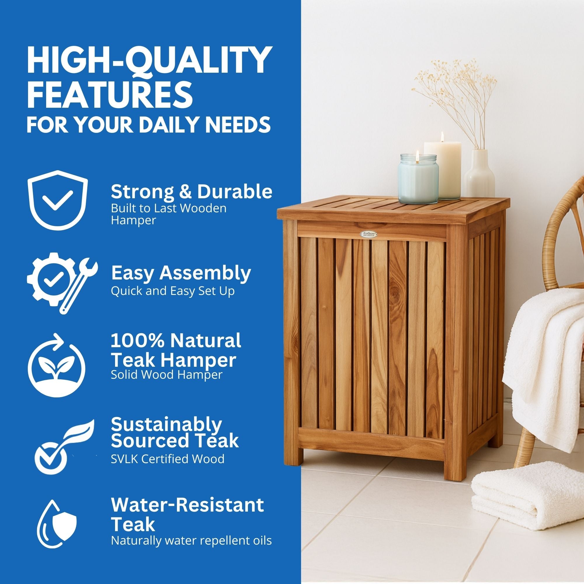 EcoDecors® Eleganto® 18" Teak Wood Double Laundry Storage Hamper with Removable Bags in EarthyTeak Finish