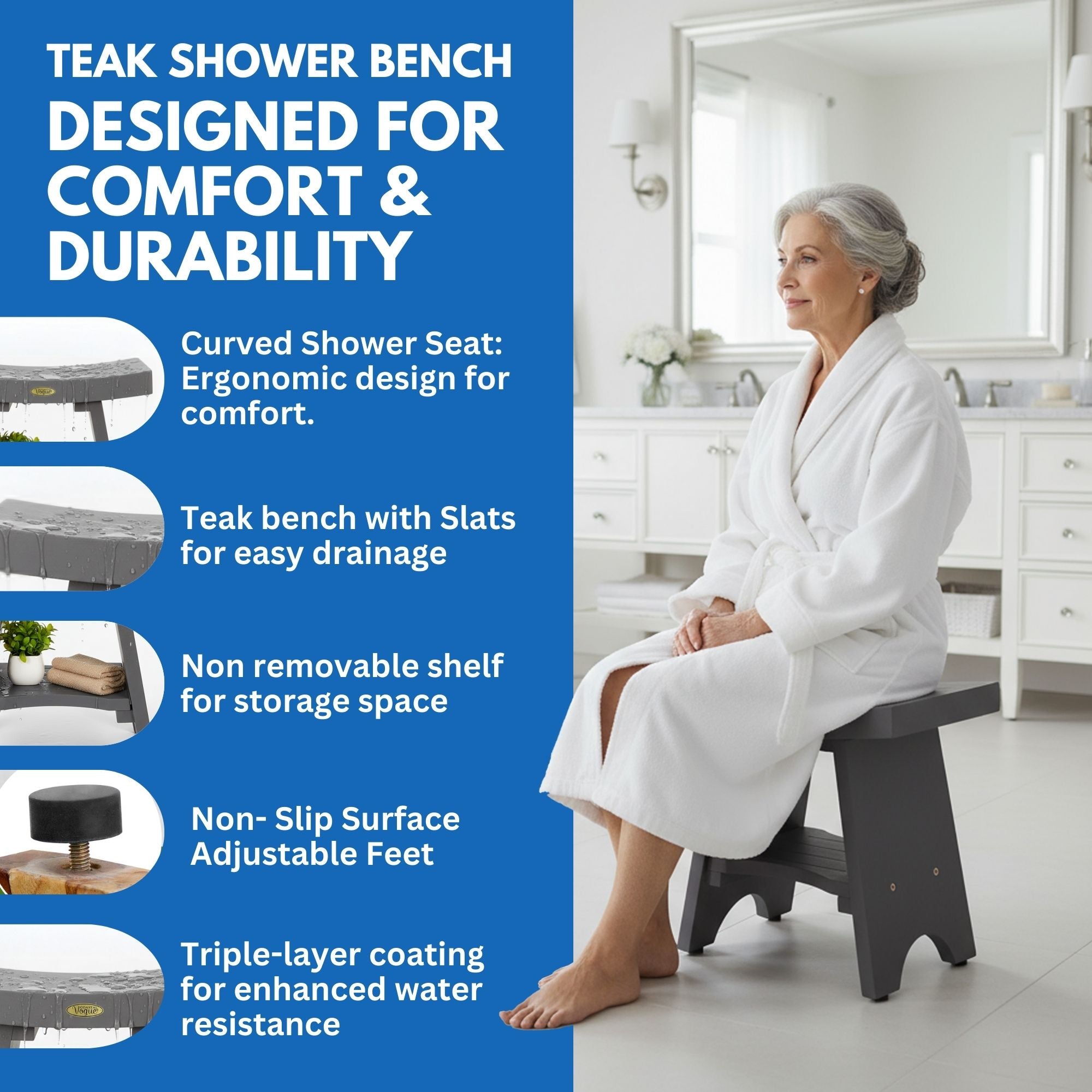 CoastalVogue® Serenity® 18" Teak Wood Shower Bench with Shelf in Coastal Driftwood Finish