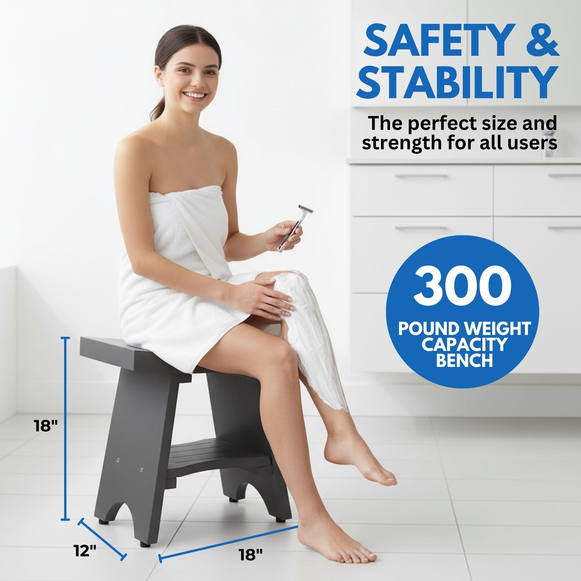CoastalVogue® Serenity® 18" Teak Wood Shower Bench with Shelf in Coastal Driftwood Finish