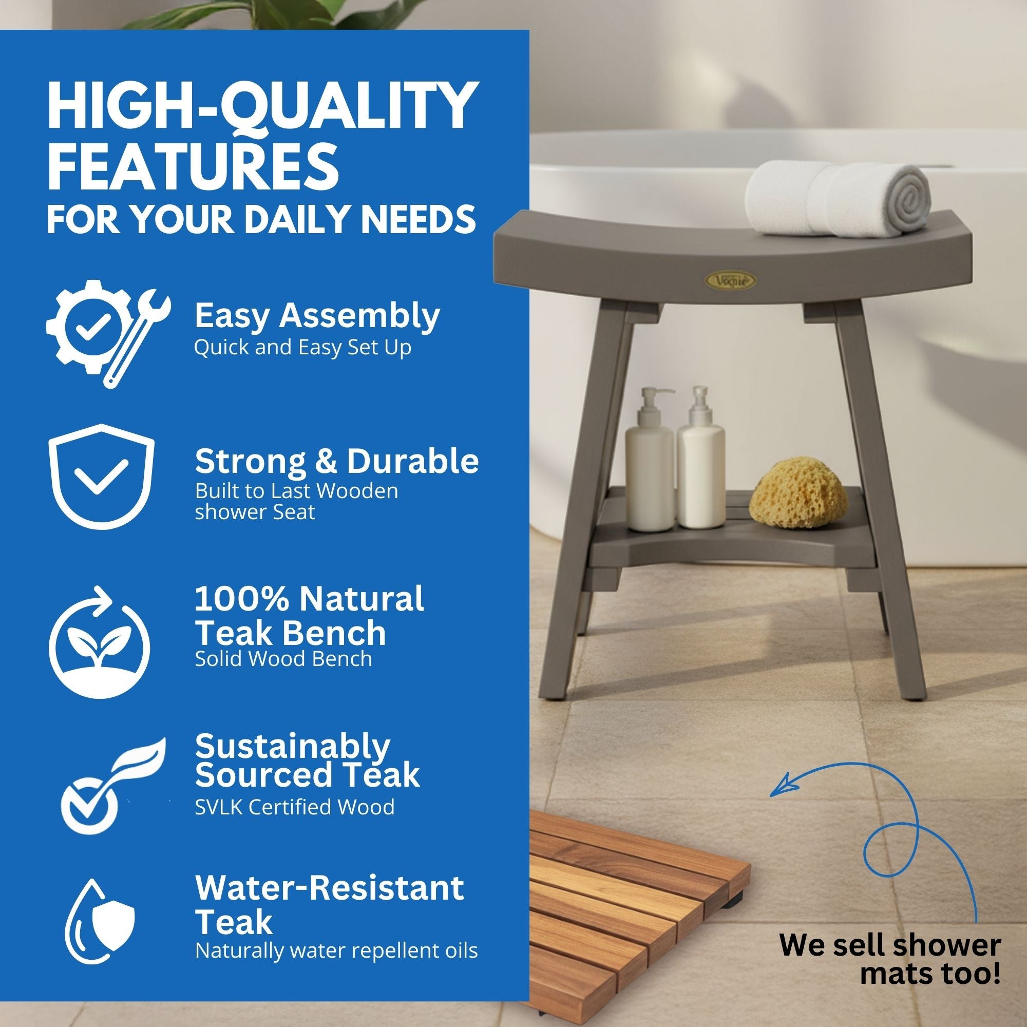 CoastalVogue® Serenity® 18" Teak Wood Shower Bench with Shelf in Coastal Driftwood Finish