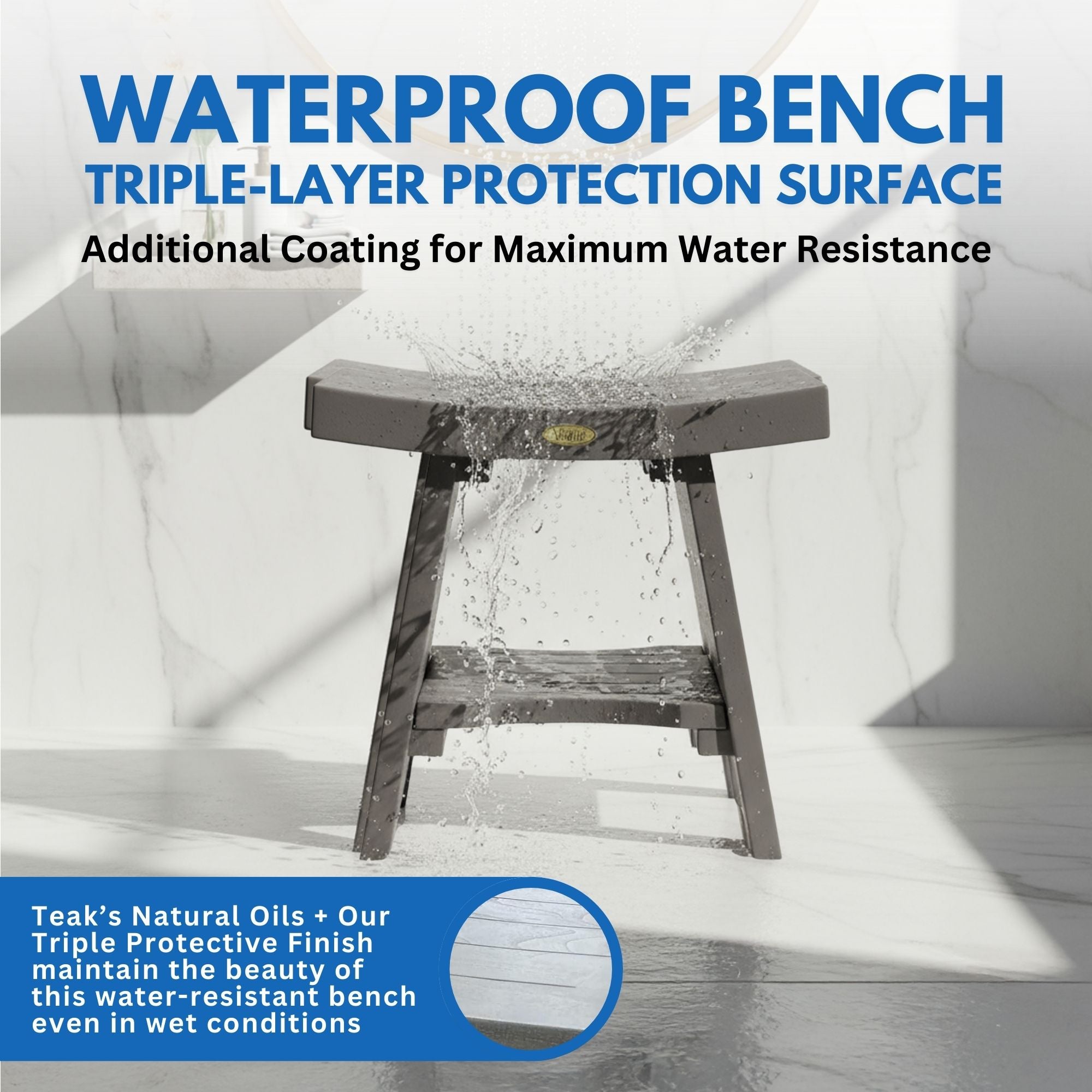 CoastalVogue® Serenity® 18" Teak Wood Shower Bench with Shelf in Coastal Driftwood Finish