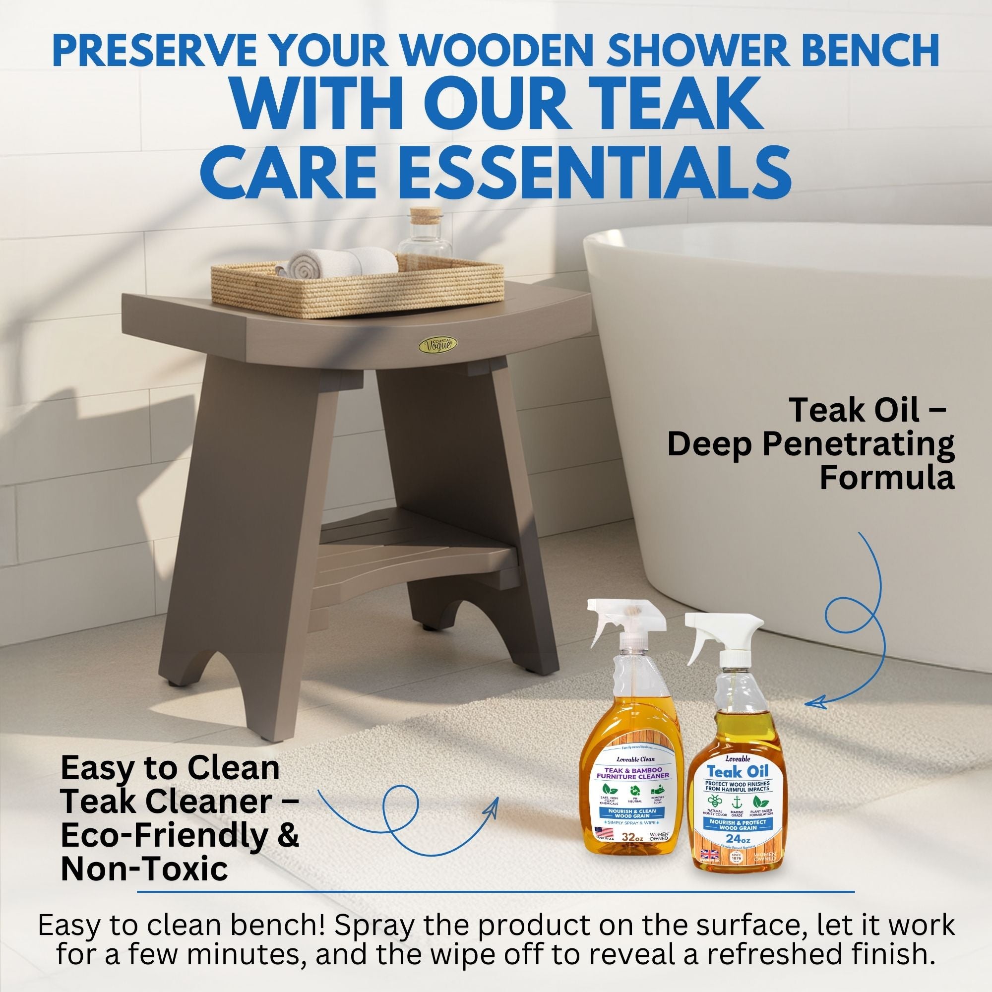 CoastalVogue® Serenity® 18" Teak Wood Shower Bench with Shelf in Coastal Driftwood Finish
