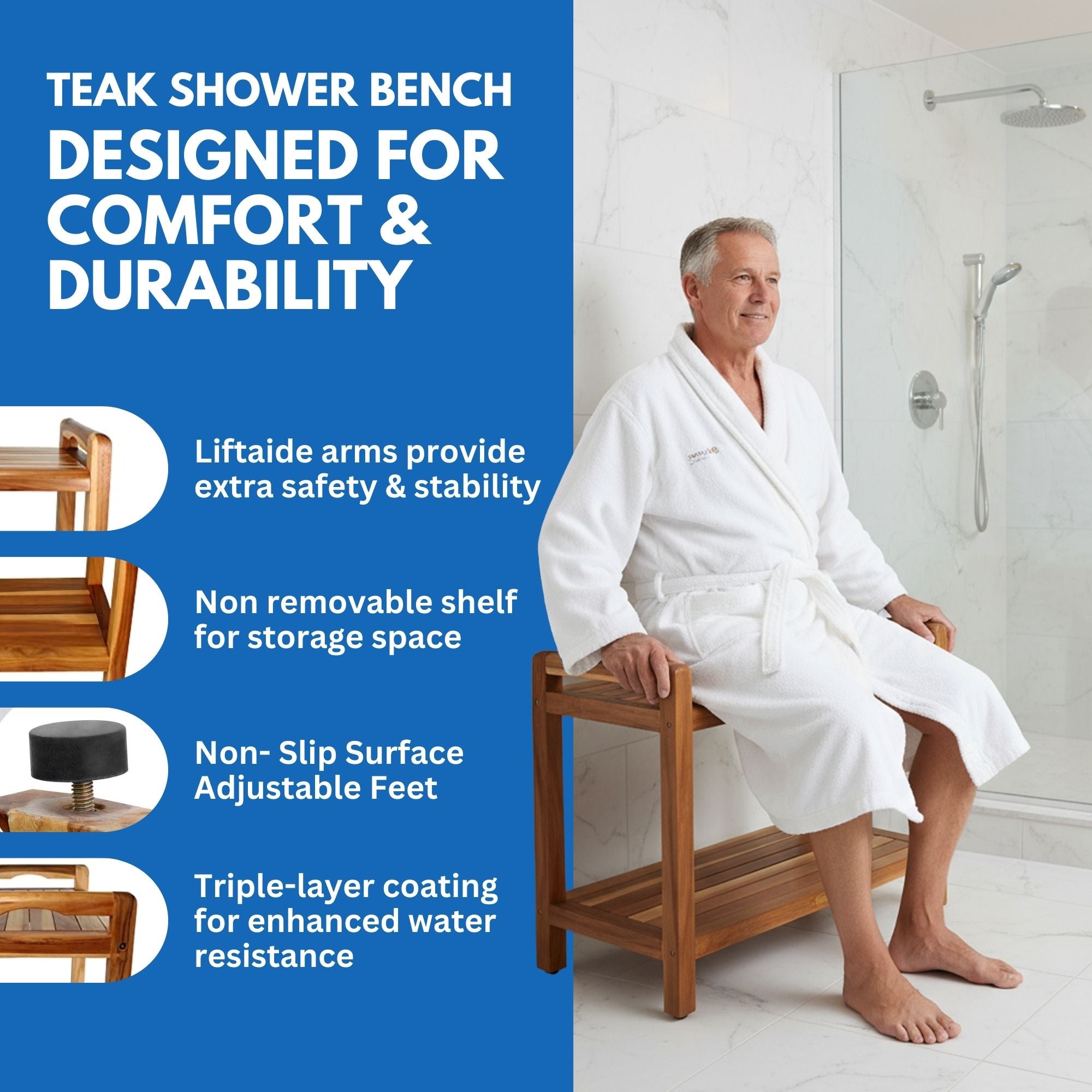 DecoTeak® Eleganto® 24” Extended Height Teak Shower or Bathroom Bench