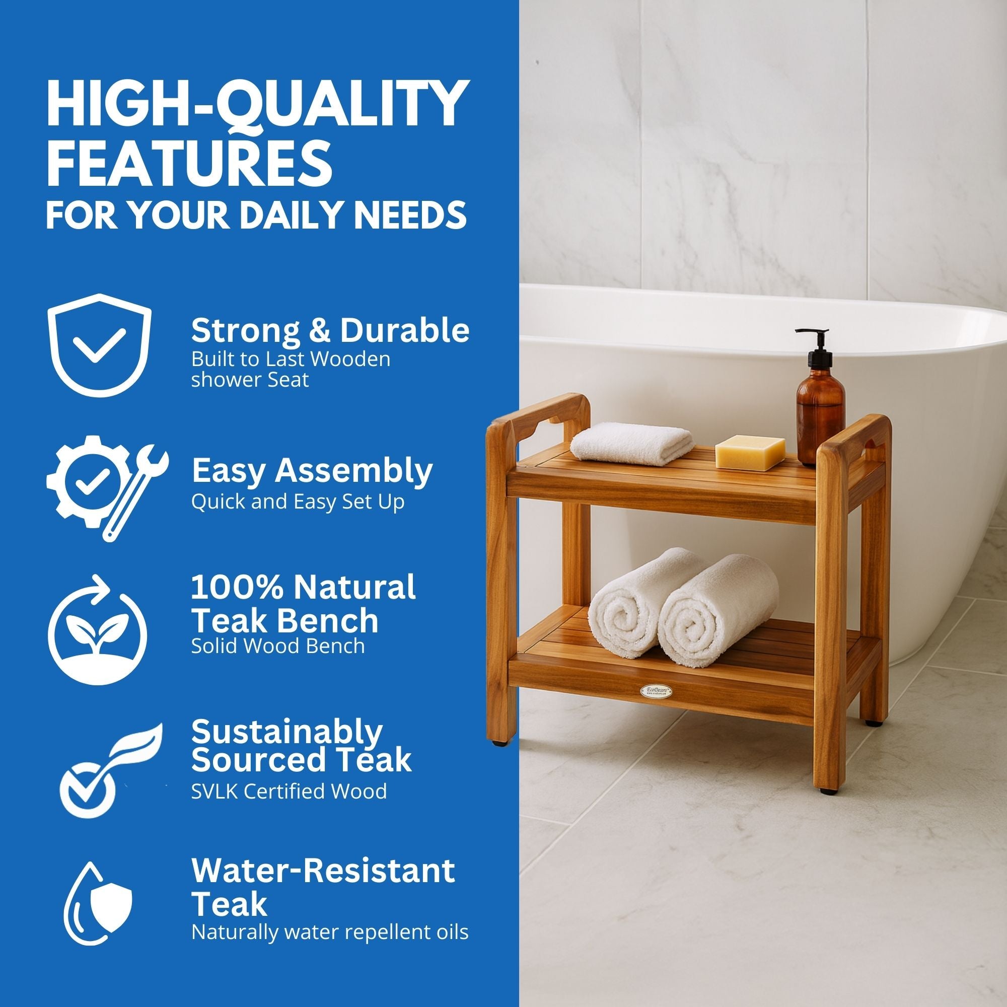 DecoTeak® Eleganto® 24” Extended Height Teak Shower or Bathroom Bench