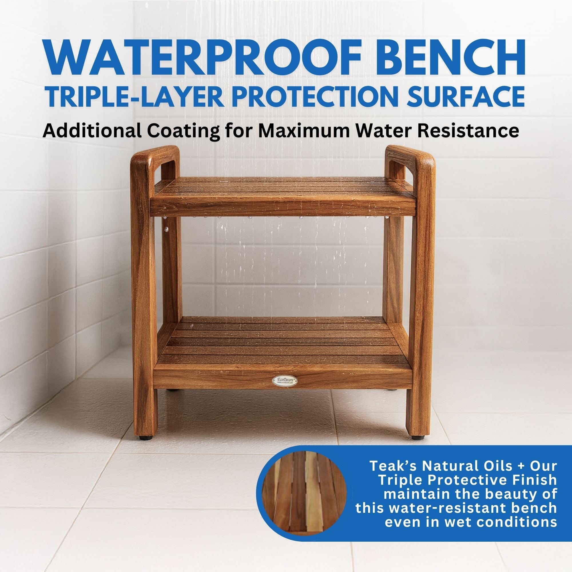 DecoTeak® Eleganto® 24” Extended Height Teak Shower or Bathroom Bench