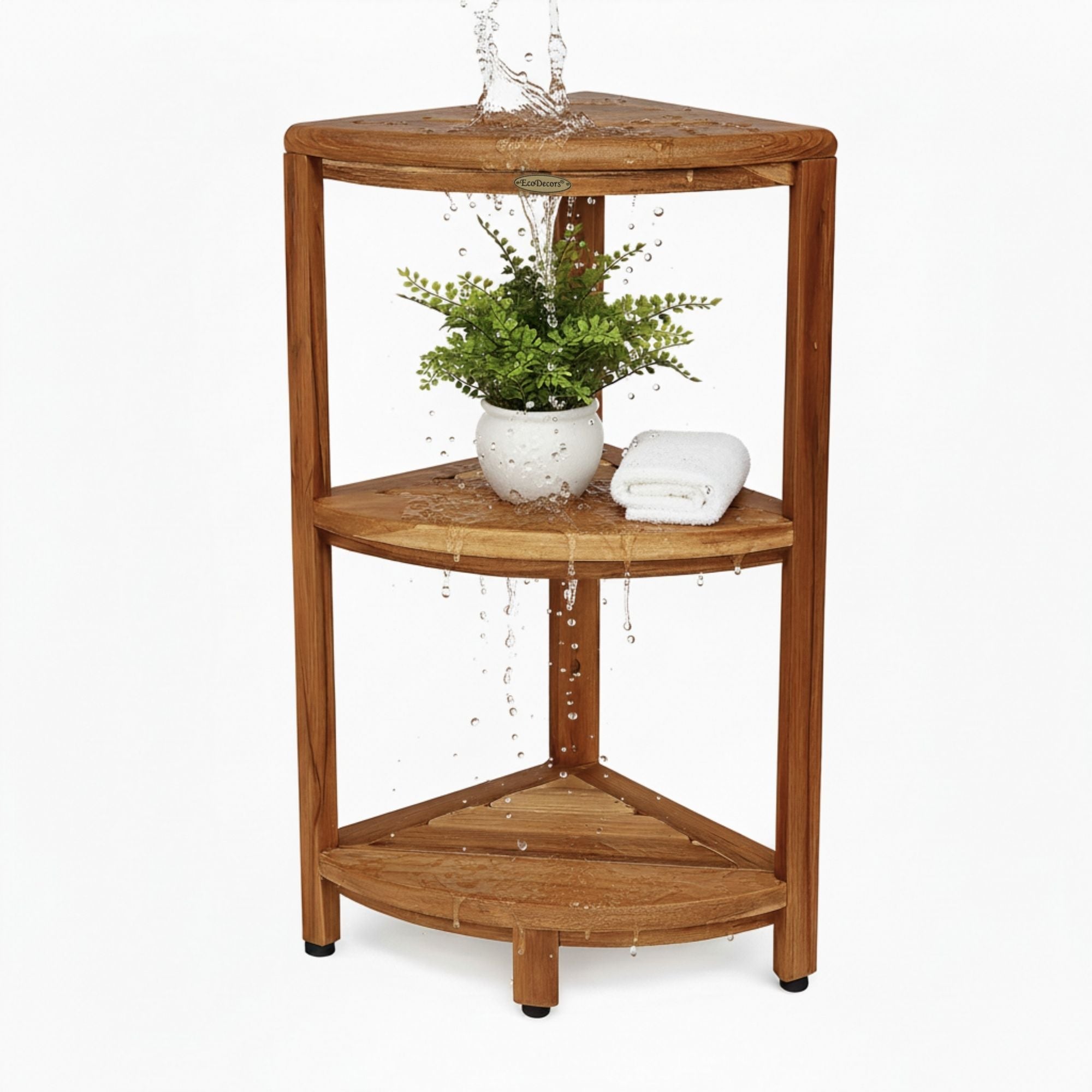 EcoDecors® SnazzyCorner® 27.5"H Teak Wood 3-Tier Corner Shelf – EarthyTeak Finish