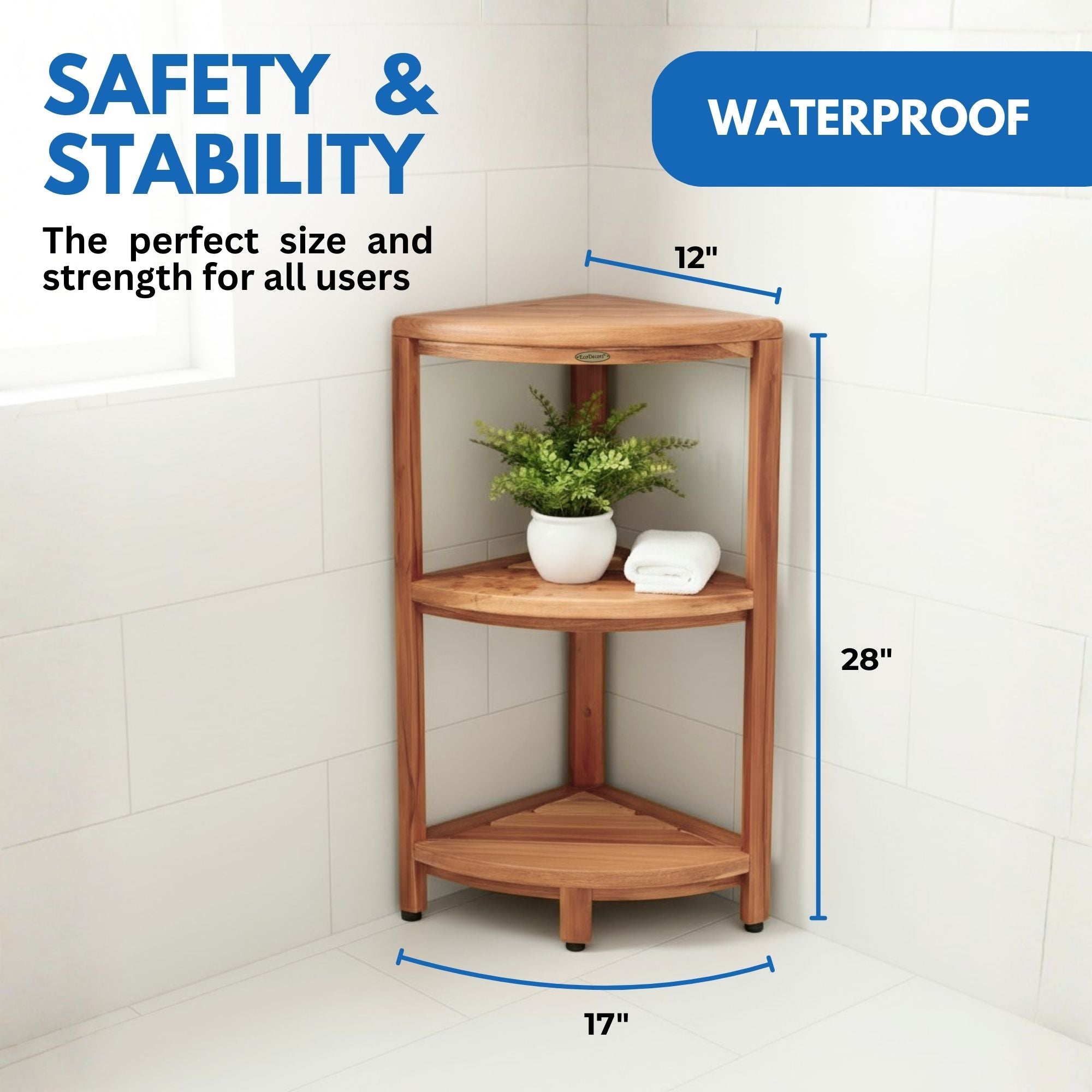 EcoDecors® SnazzyCorner® 27.5"H Teak Wood 3-Tier Corner Shelf – EarthyTeak Finish