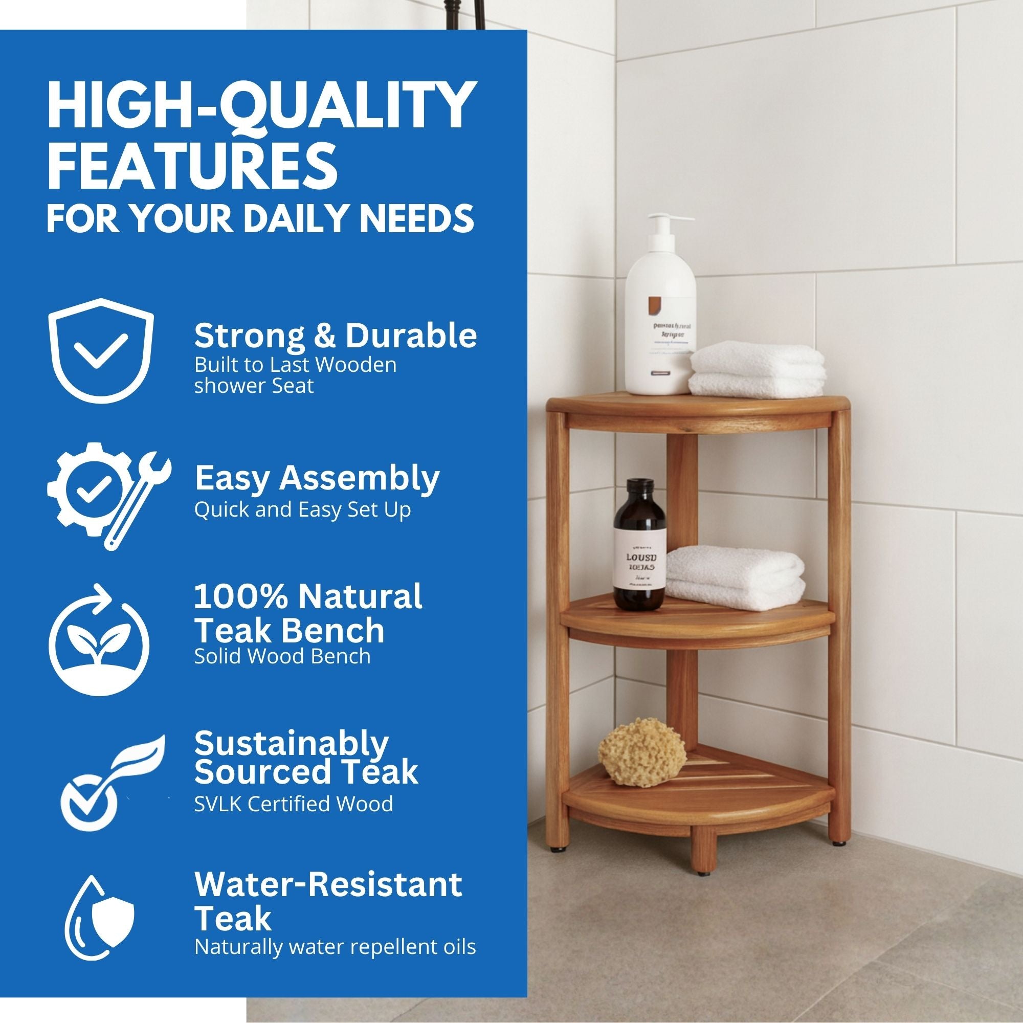 EcoDecors® SnazzyCorner® 27.5"H Teak Wood 3-Tier Corner Shelf – EarthyTeak Finish