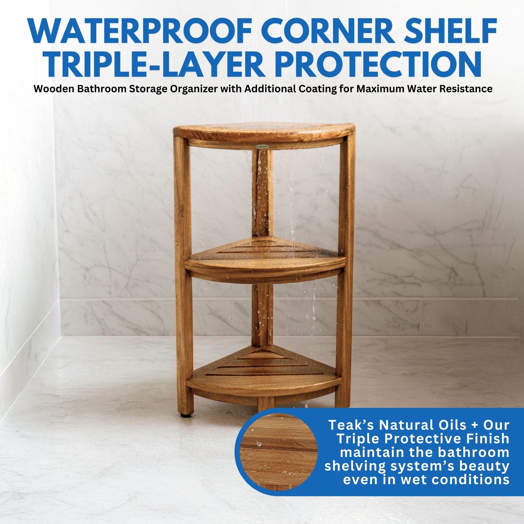 EcoDecors® SnazzyCorner® 27.5"H Teak Wood 3-Tier Corner Shelf – EarthyTeak Finish