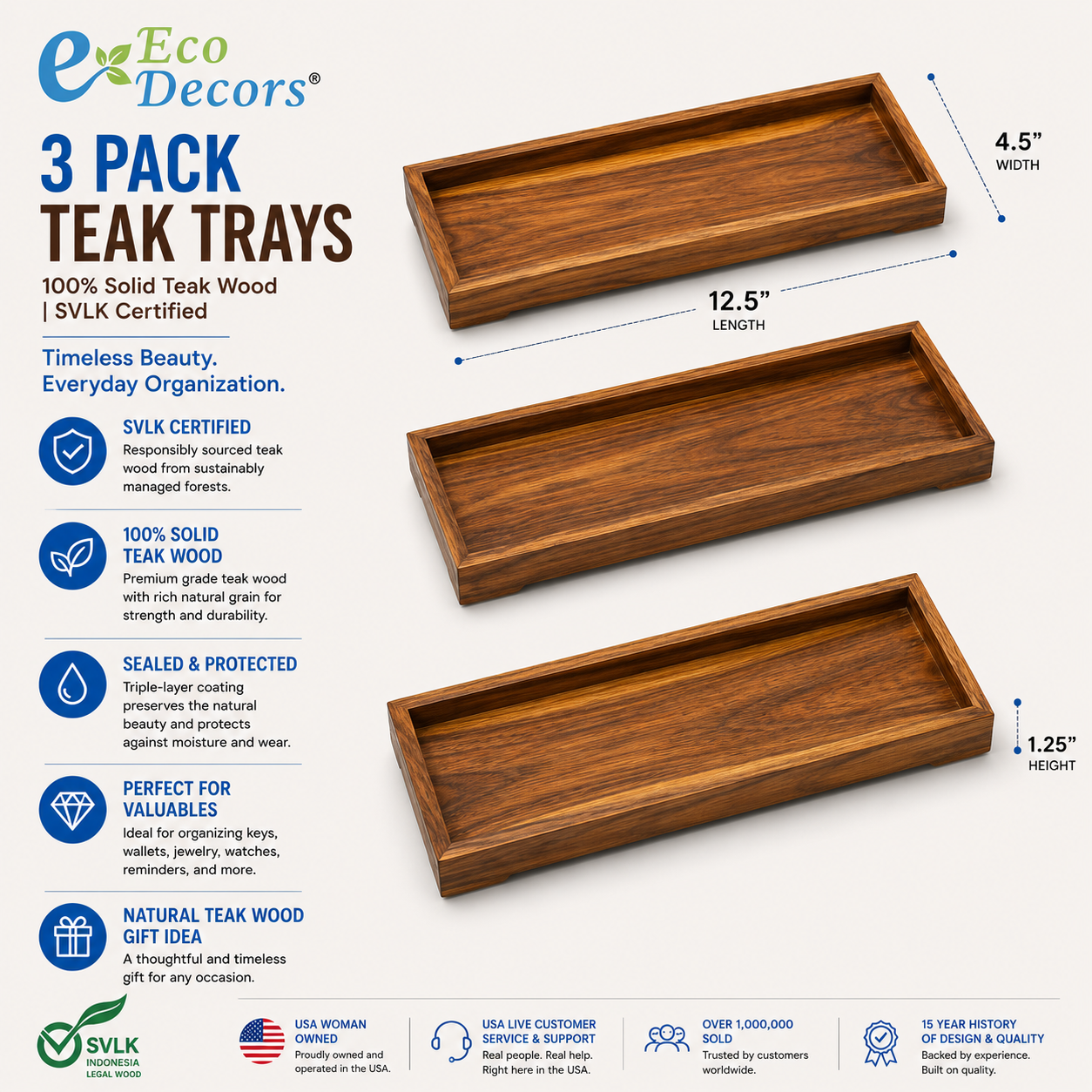 3 Pack Teak Amenity Trays for Bathroom Counter & Vanity – Solid Teak Wood Organizer for Jewelry, Perfume, Lotion, Wallets & Keys – Waterproof & SVLK Certified