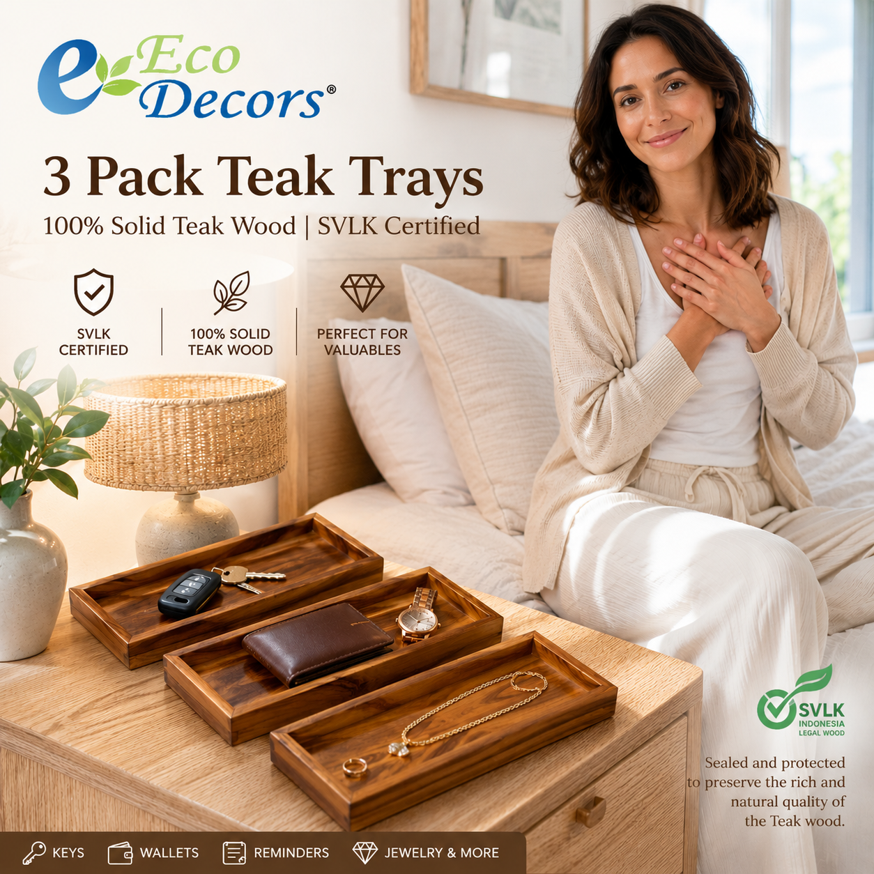 3 Pack Teak Amenity Trays for Bathroom Counter & Vanity – Solid Teak Wood Organizer for Jewelry, Perfume, Lotion, Wallets & Keys – Waterproof & SVLK Certified