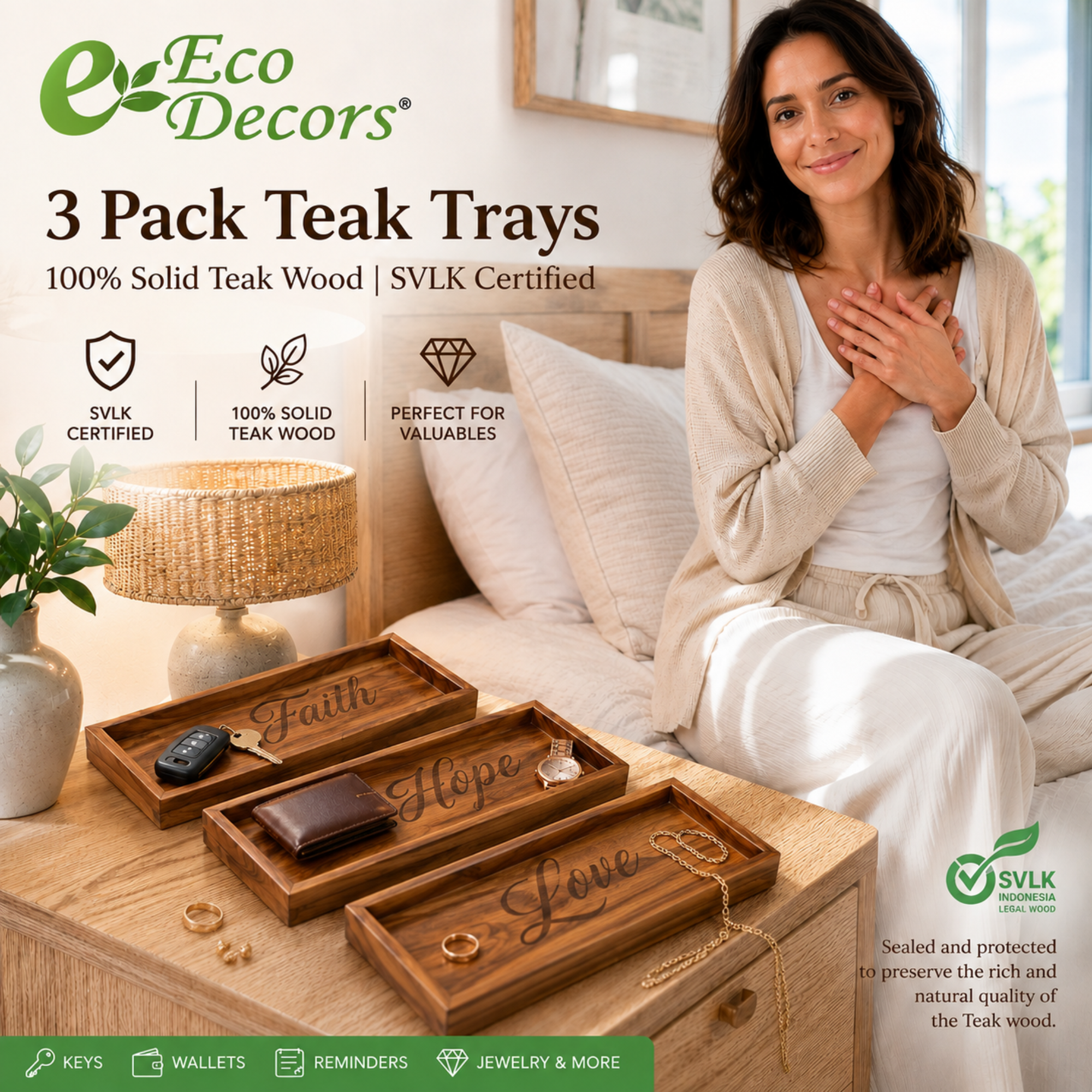 3-Pack Solid Teak Bathroom Vanity Trays – Faith, Love & Hope