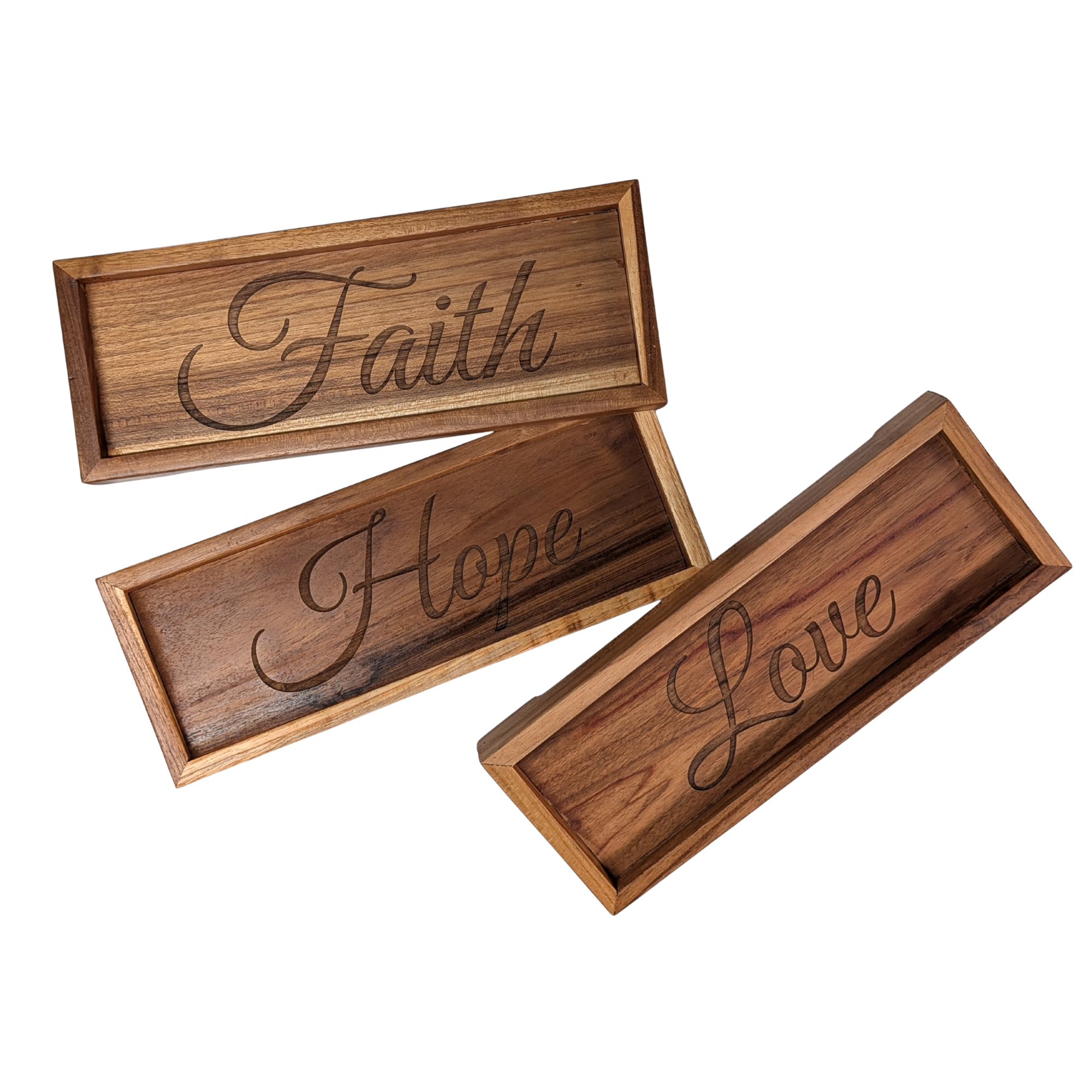 3-Pack Solid Teak Bathroom Vanity Trays – Faith, Love & Hope