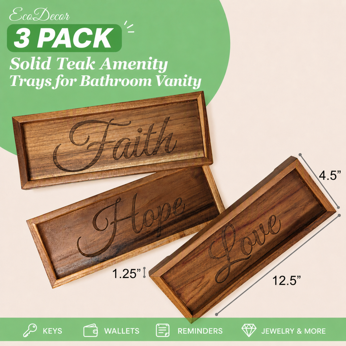 3-Pack Solid Teak Bathroom Vanity Trays – Faith, Love & Hope