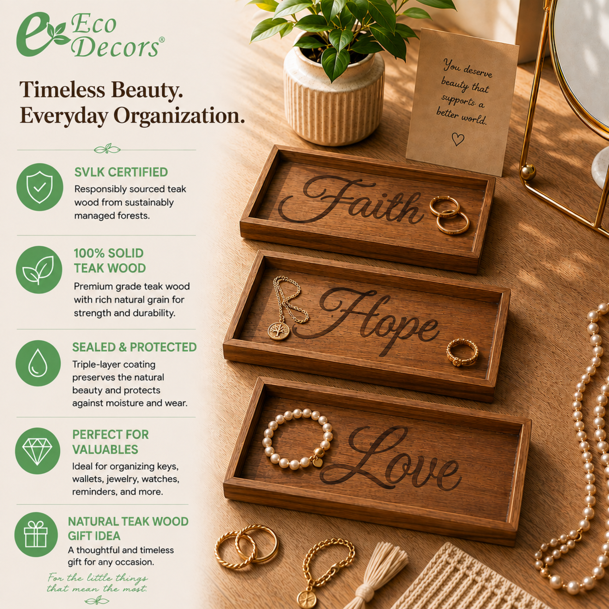 3-Pack Solid Teak Bathroom Vanity Trays – Faith, Love & Hope