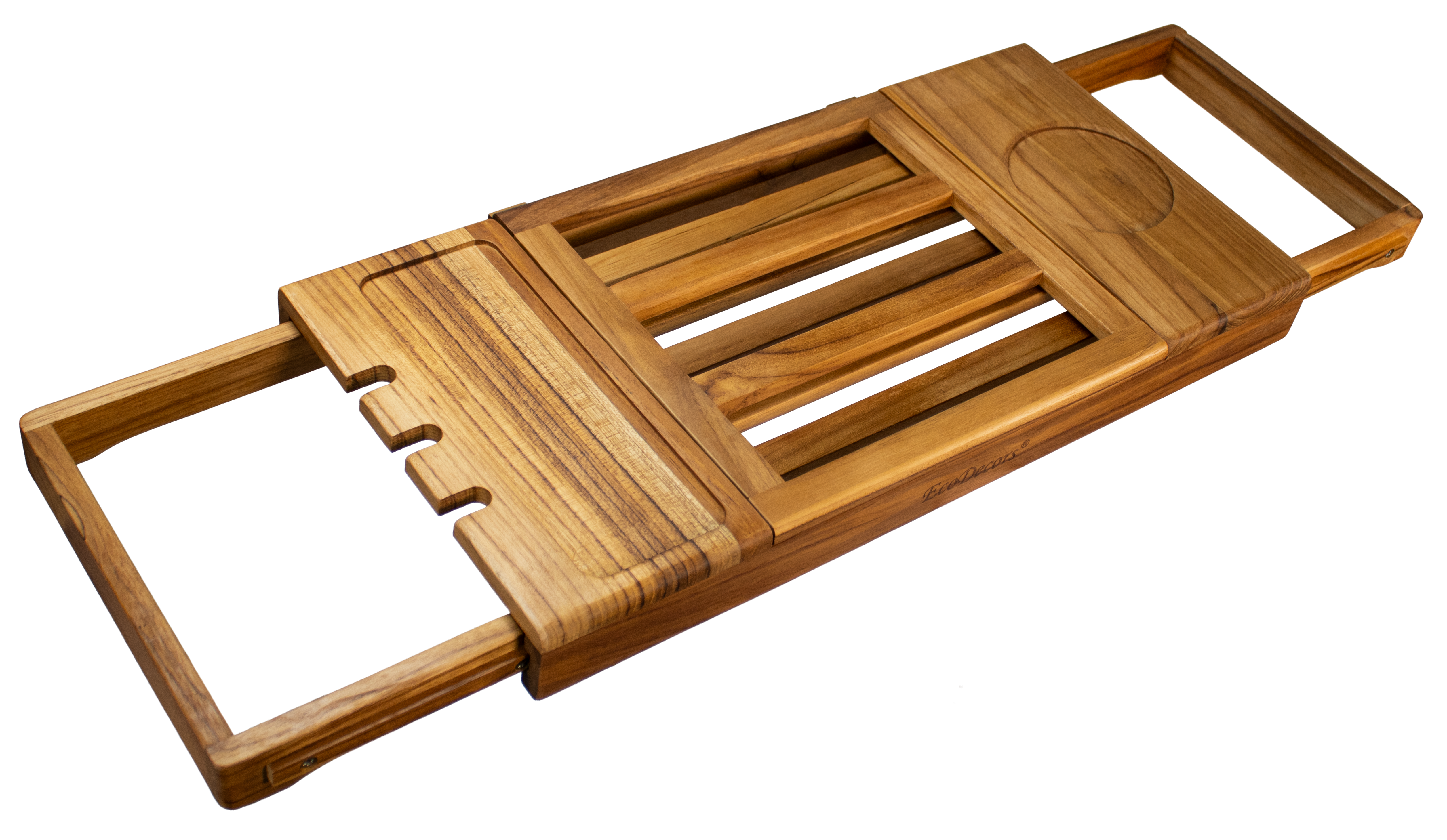 EcoDecors Expandable Teak Bathtub Tray Caddy – Adjustable Wooden Bath Tub Tray with Wine Glass Holder, Book & Tablet Stand, Spa Bath Caddy Organizer, Waterproof Solid Teak Bath Shelf