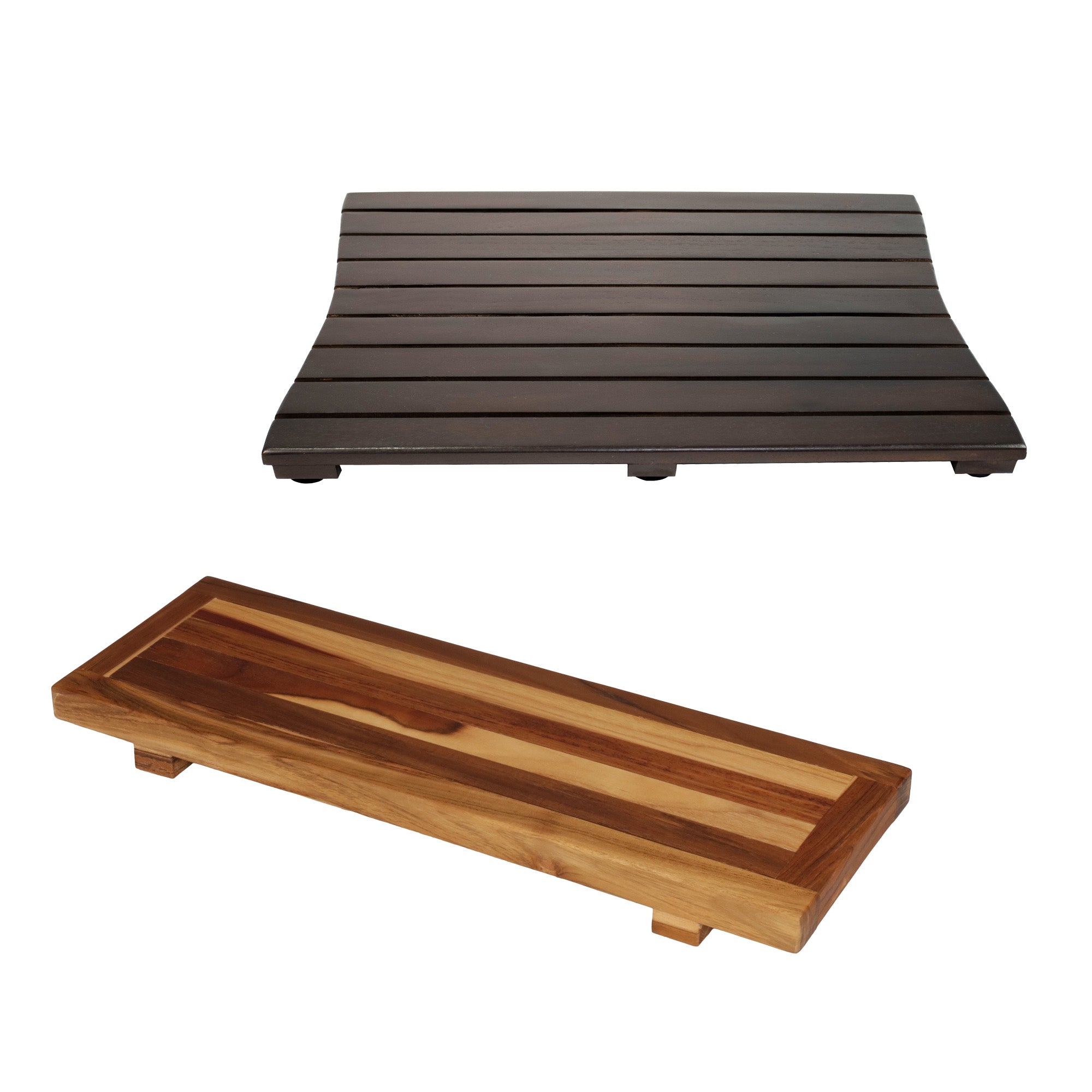 EcoDecors® Eleganto® 29" Teak Wood Bath Tray and Seat in EarthyTeak Finish - DecoTeak® Eleganto® 23”W Teak Floor Mat in a Woodland Brown Finish