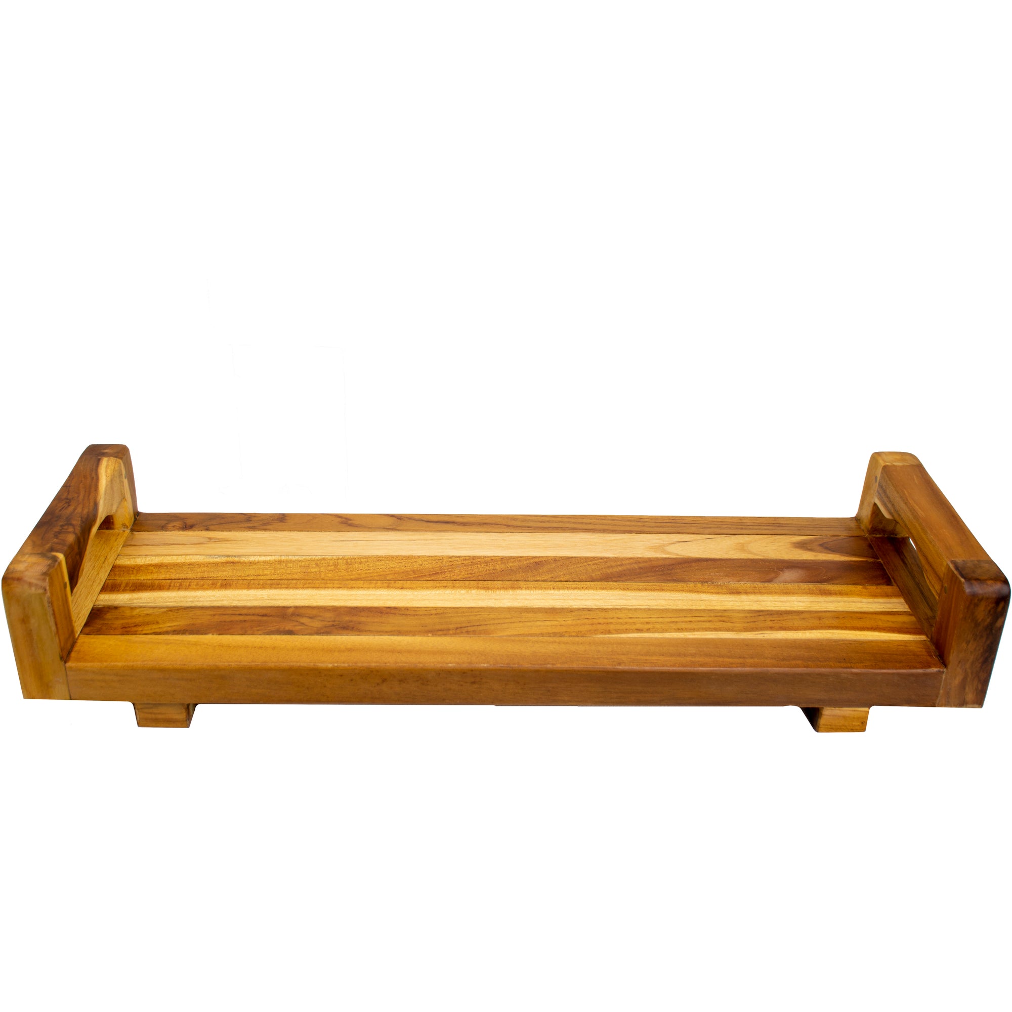 EcoDecors® Eleganto® 29" Teak Wood Bath Tray and Seat with LiftAide® Arms in EarthyTeak Finish - The EcoDecors Eleganto 23" x 15" Slatted Solid Teak Bath Floor Mat in EarthyTeak Finish