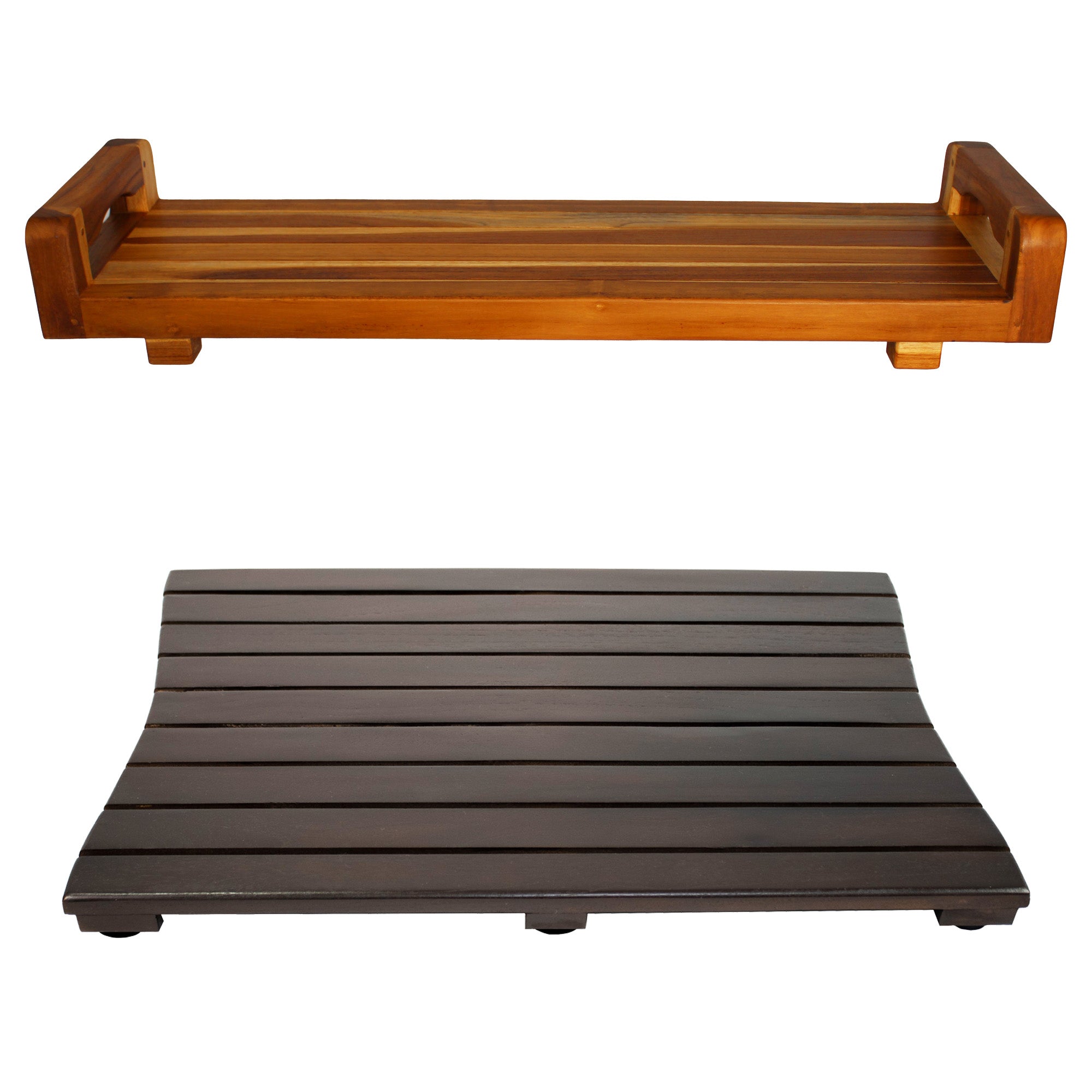 Eleganto® 34” Teak Bath Tray with LiftAide® in EarthyTeak® Finish - DecoTeak® Eleganto® 23”W Teak Floor Mat in a Woodland Brown Finish