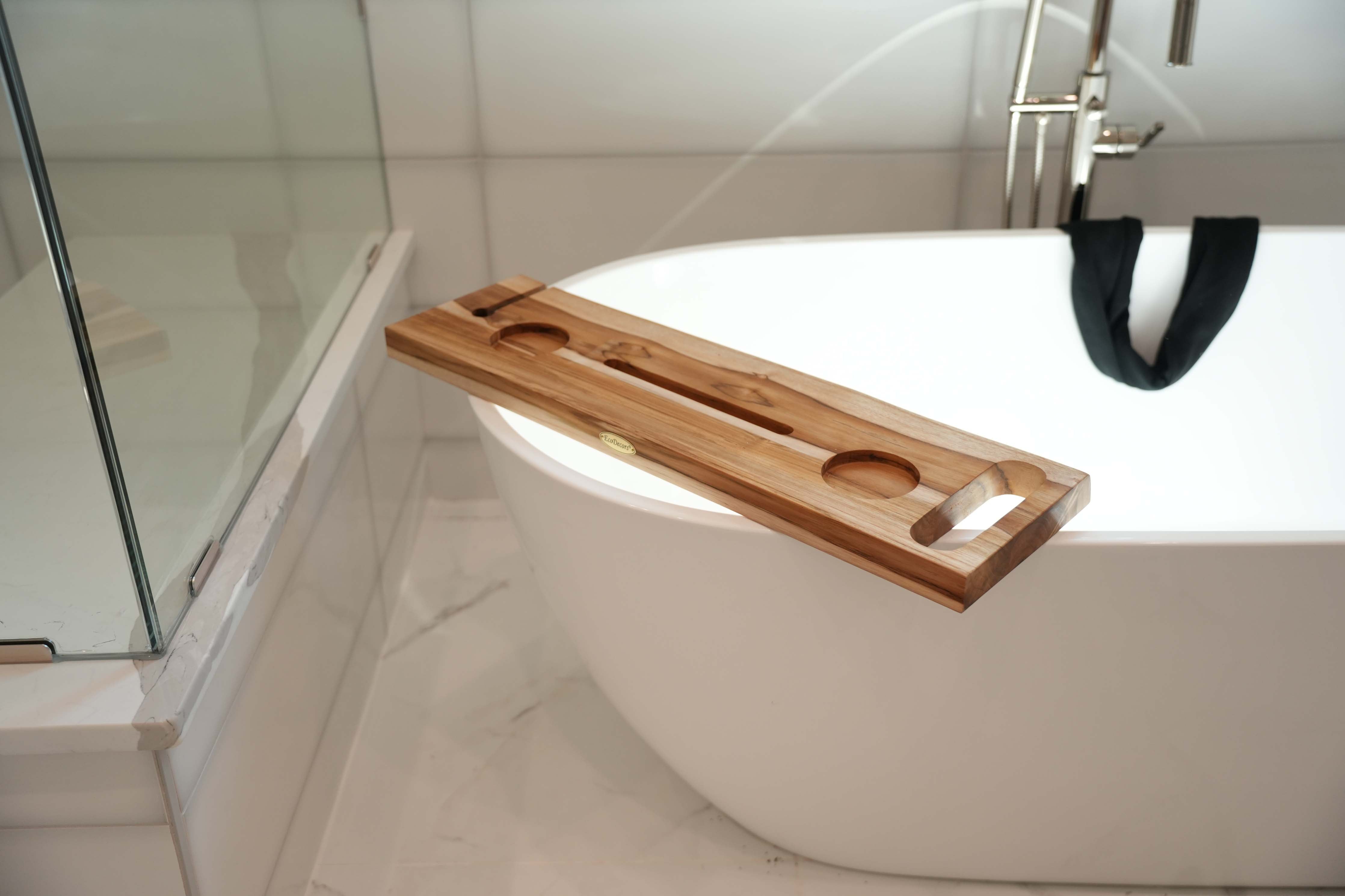 EcoDecors Eleganto 30" Solid Teak Bath Caddy Tray with Wine Glass & Tablet Holder