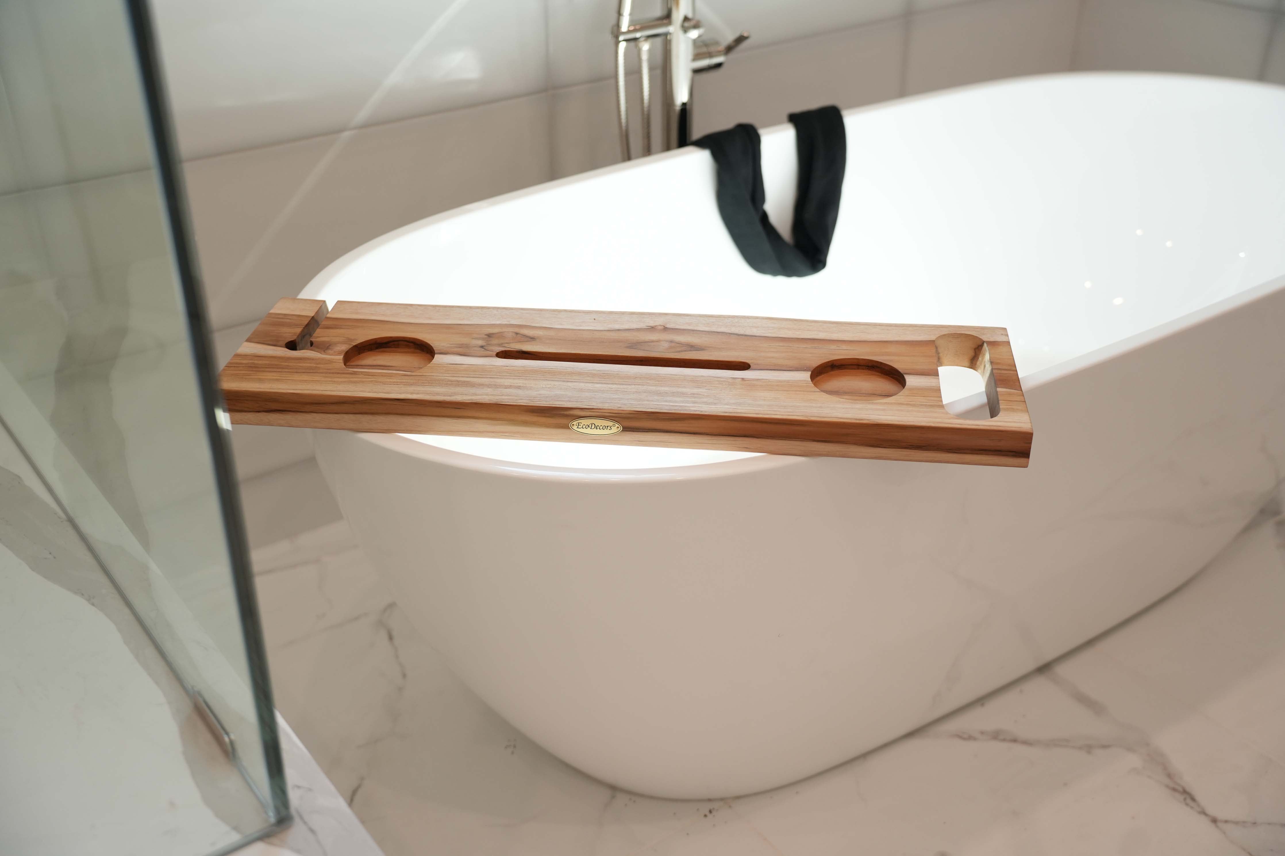 EcoDecors Eleganto 30" Solid Teak Bath Caddy Tray with Wine Glass & Tablet Holder