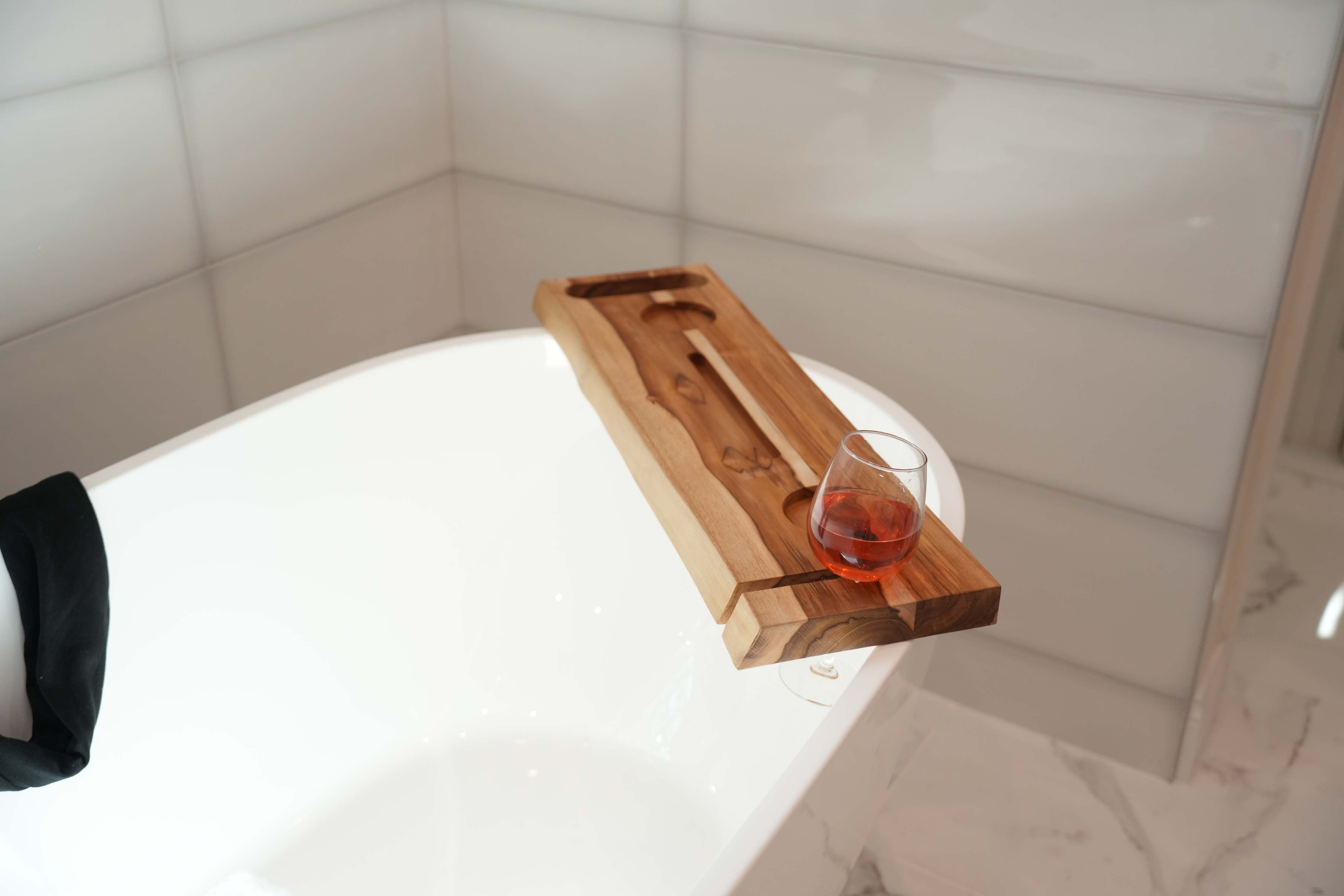EcoDecors Eleganto 30" Solid Teak Bath Caddy Tray with Wine Glass & Tablet Holder