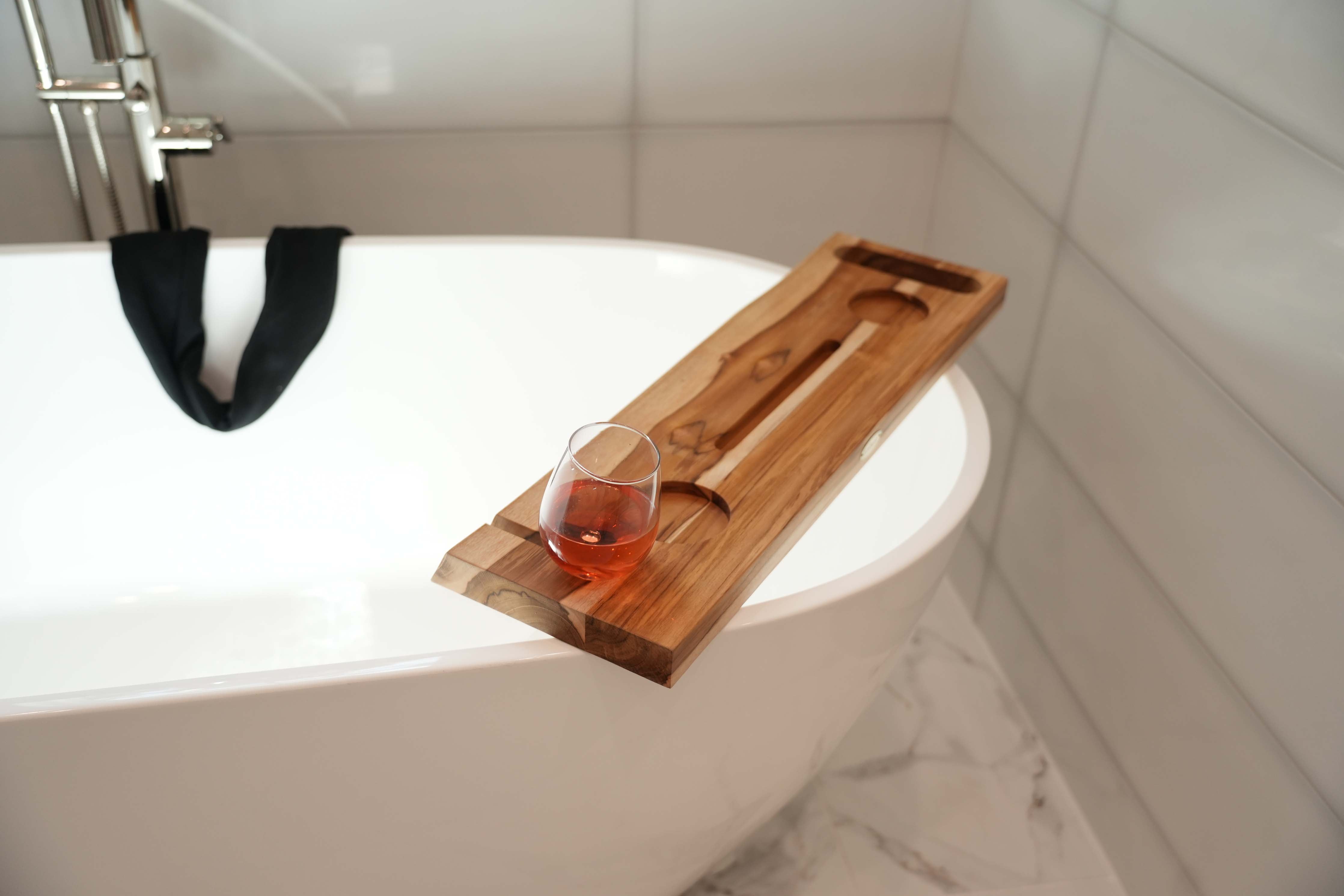 EcoDecors Eleganto 30" Solid Teak Bath Caddy Tray with Wine Glass & Tablet Holder