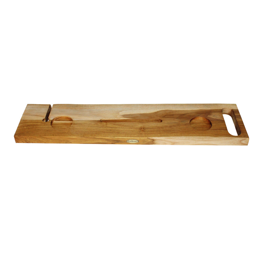 EcoDecors Eleganto 36" Solid Teak Bath Caddy Tray with Wine Glass & Tablet Holder