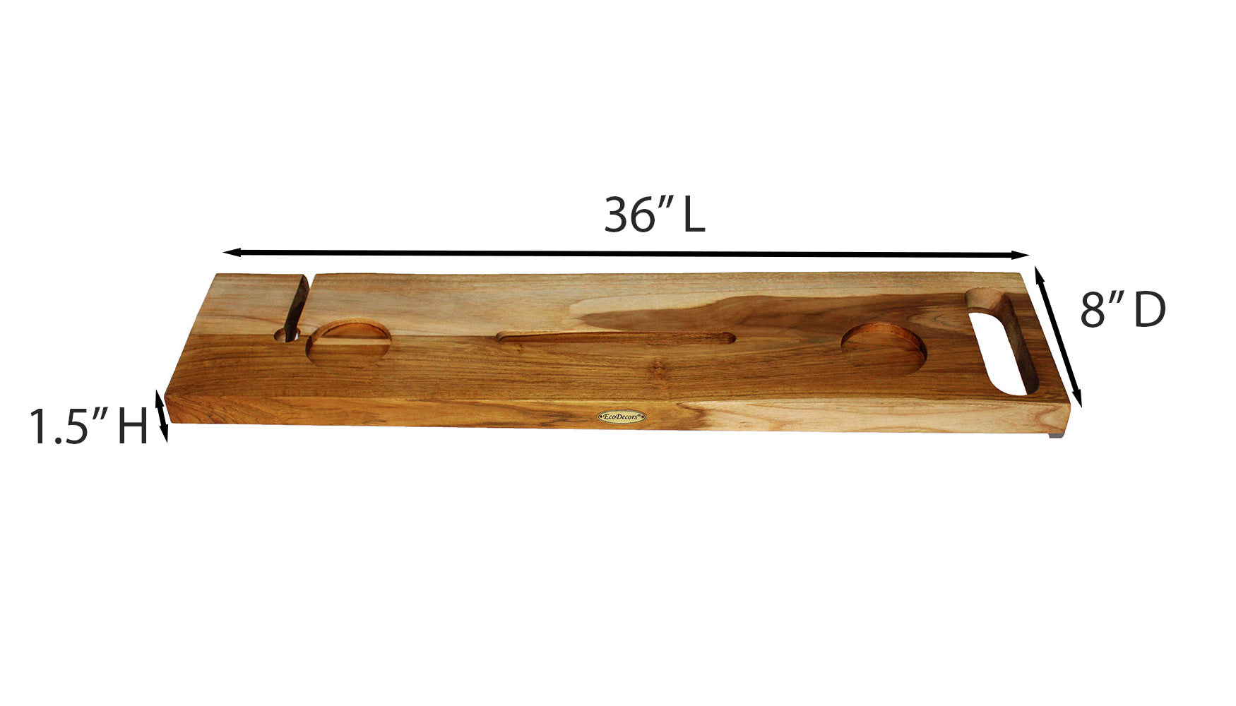 EcoDecors Eleganto 36" Solid Teak Bath Caddy Tray with Wine Glass & Tablet Holder