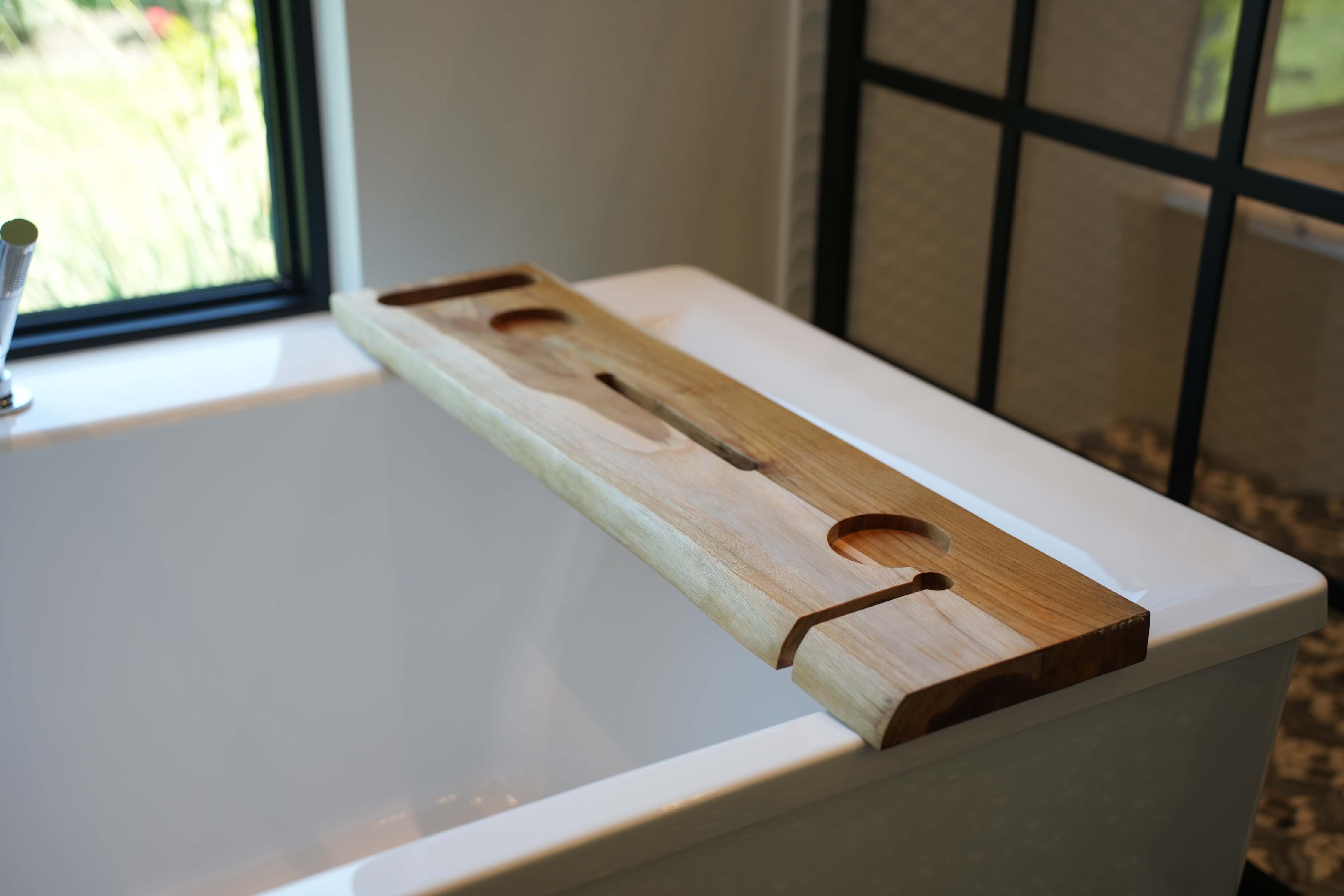 EcoDecors Eleganto 36" Solid Teak Bath Caddy Tray with Wine Glass & Tablet Holder