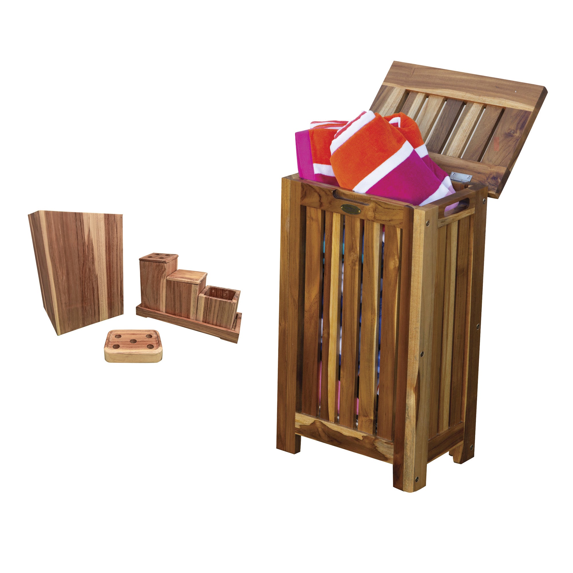 EcoDecors® Eleganto® 24"Teak Wood Double Laundry Storage Hamper with Removable B BTSET1-H005