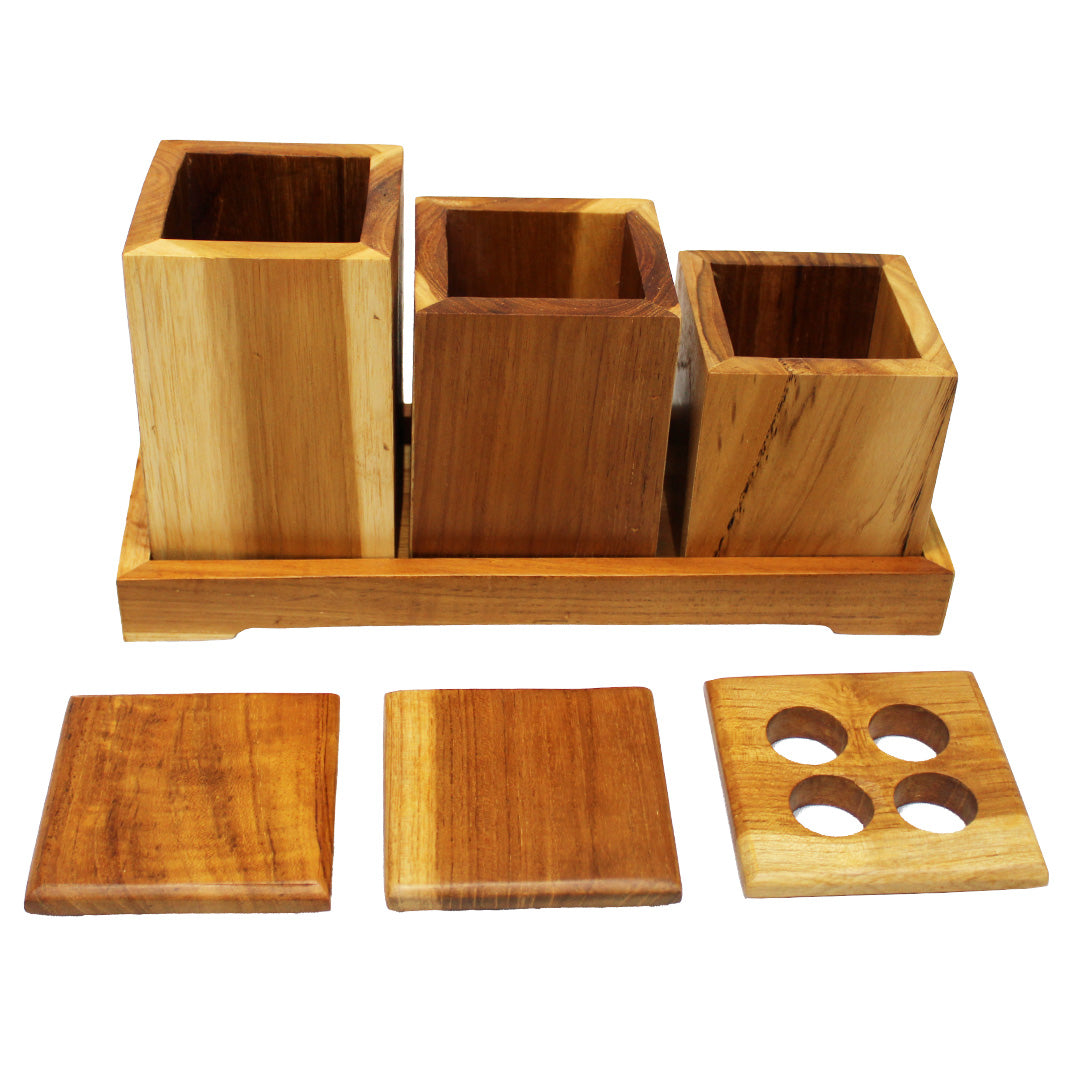 Eleganto® 3 Piece Teak Wood Bathroom Amenities Set with Tray in EarthyTeak® Finish