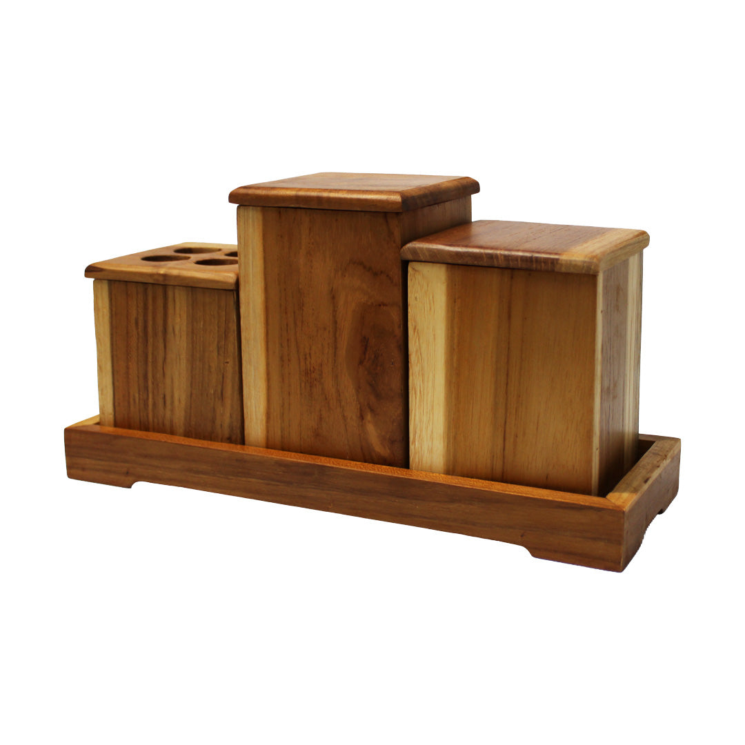 Eleganto® 3 Piece Teak Wood Bathroom Amenities Set with Tray in EarthyTeak® Finish