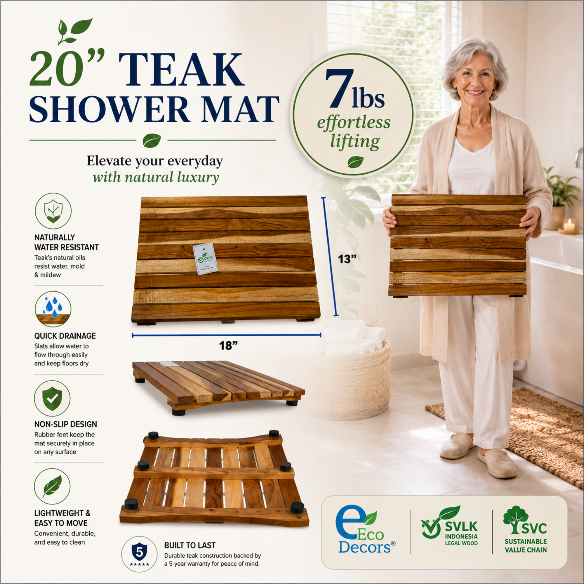 EcoDecors Teak Shower Mat – Waterproof Wooden Bath Mat for Shower, Bathroom & Tub Areas, Non-Slip Teak Floor Mat, Quick Draining Spa-Inspired Design, 20" x 13"