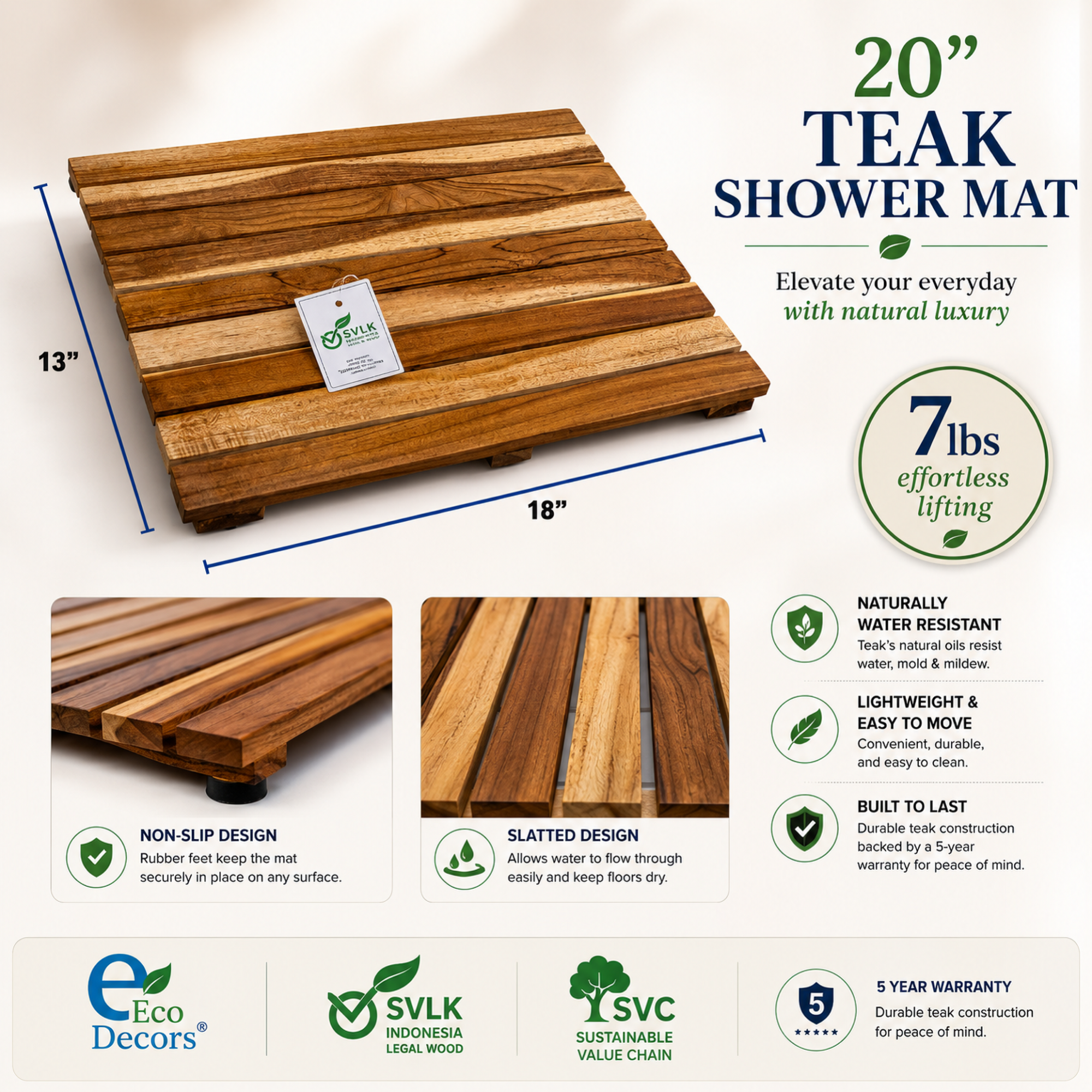 EcoDecors Teak Shower Mat – Waterproof Wooden Bath Mat for Shower, Bathroom & Tub Areas, Non-Slip Teak Floor Mat, Quick Draining Spa-Inspired Design, 20" x 13"
