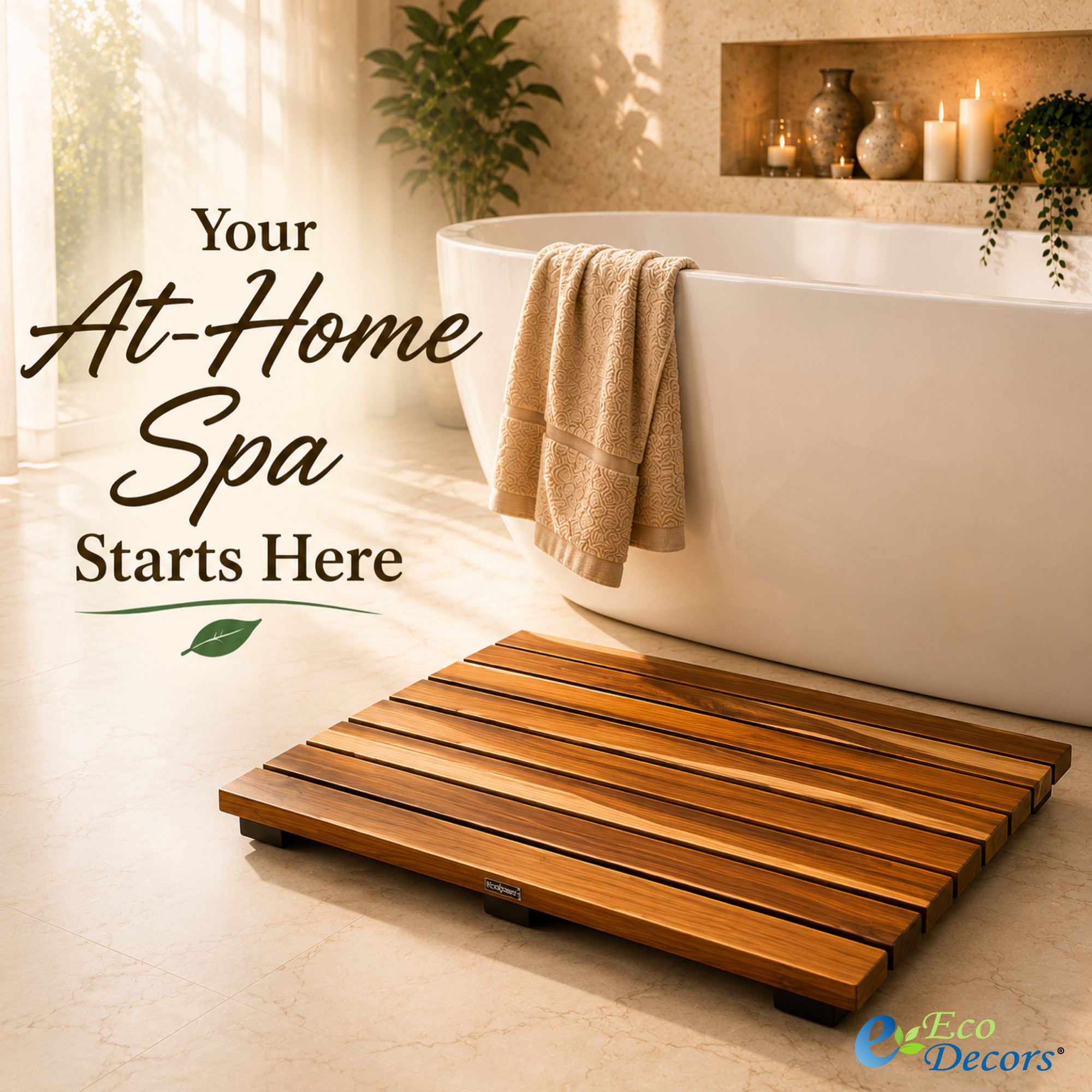 EcoDecors Teak Shower Mat – Waterproof Wooden Bath Mat for Shower, Bathroom & Tub Areas, Non-Slip Teak Floor Mat, Quick Draining Spa-Inspired Design, 20" x 13"