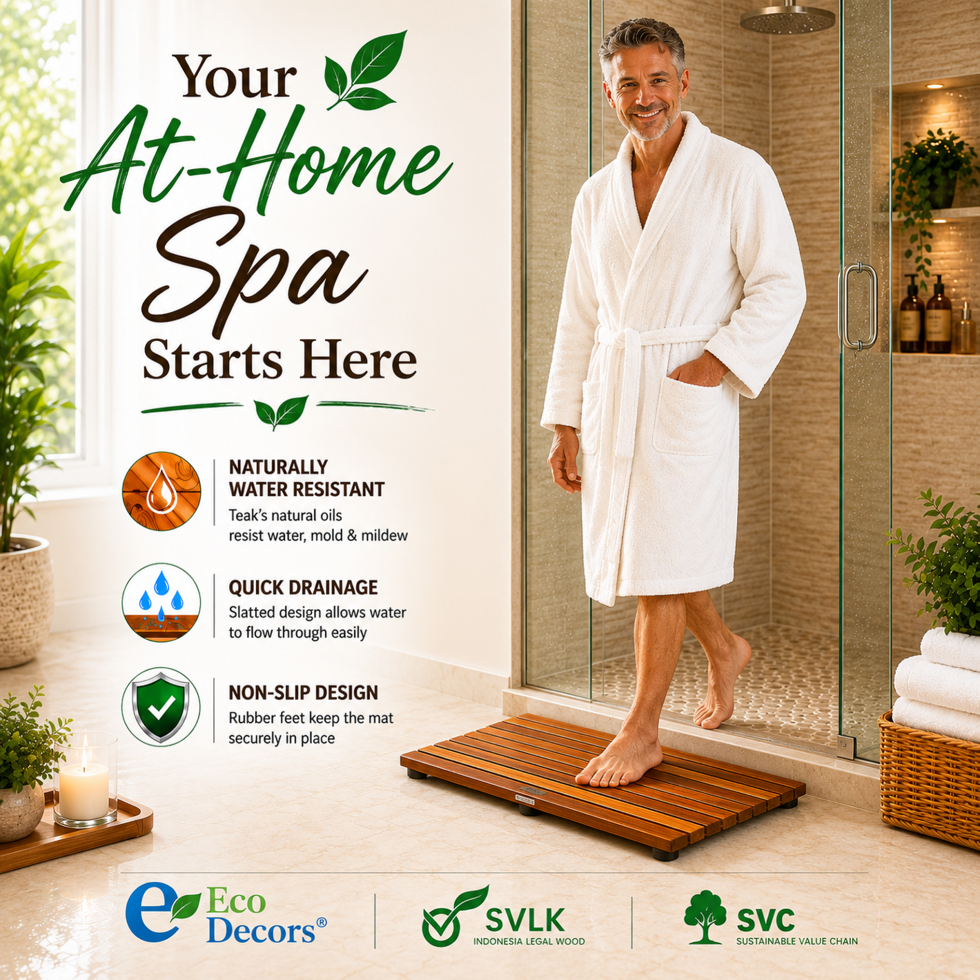 EcoDecors Teak Shower Mat – Waterproof Wooden Bath Mat for Shower, Bathroom & Tub Areas, Non-Slip Teak Floor Mat, Quick Draining Spa-Inspired Design, 20" x 13"