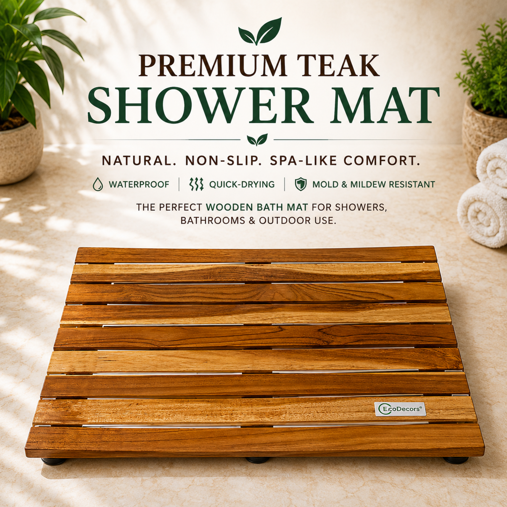 EcoDecors Teak Shower Mat – Waterproof Wooden Bath Mat for Shower, Bathroom & Tub Areas, Non-Slip Teak Floor Mat, Quick Draining Spa-Inspired Design, 20" x 13"