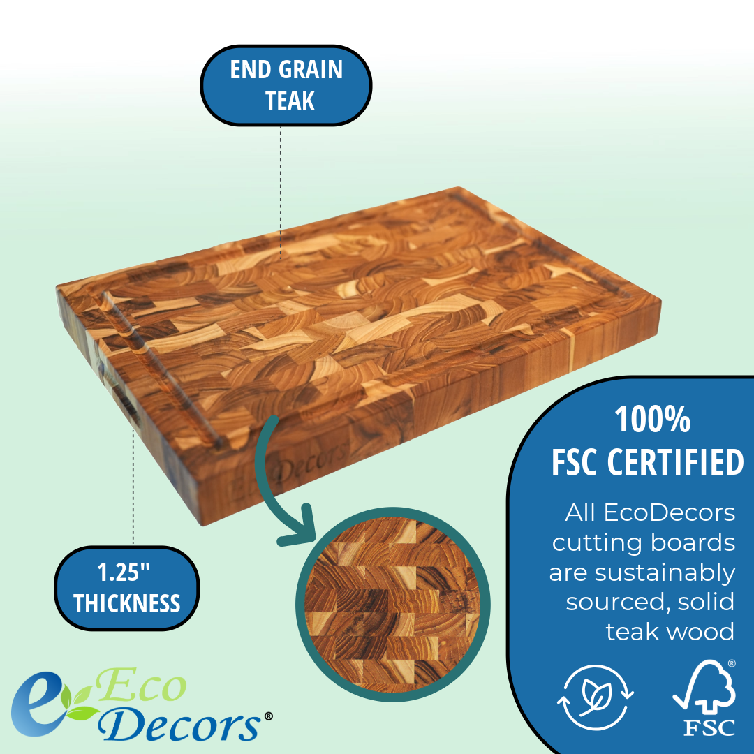 EcoDecors FSC Teak 14x10 End Grain Reversible Cutting Board for Prep