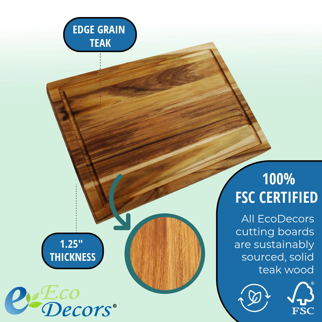 EcoDecors 14" x 10" FSC® Teak Reversible Cutting Board with Juice Groove