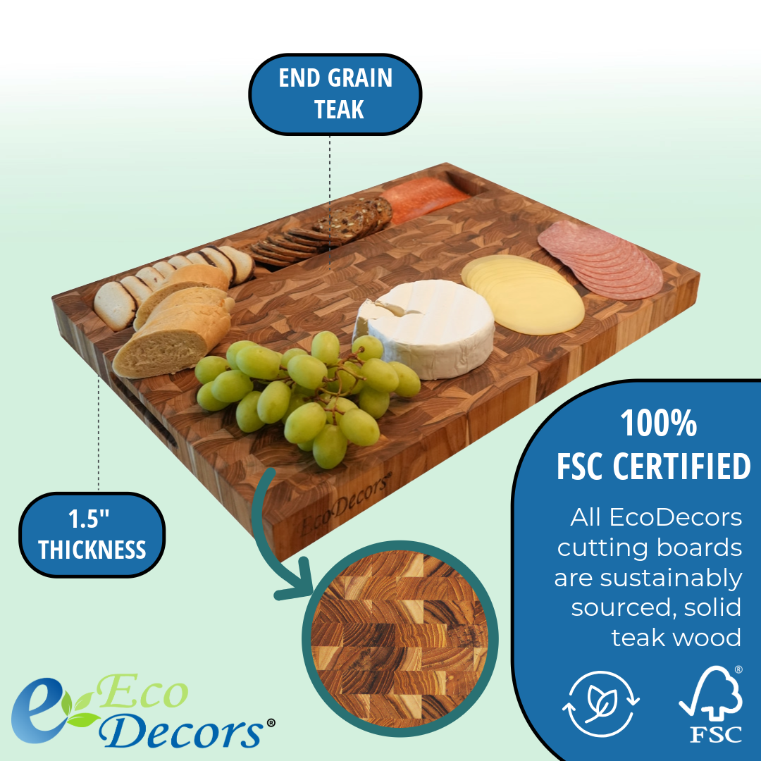 EcoDecors FSC Teak 20" x 15" End Grain Cutting Board with Charcuterie Tray