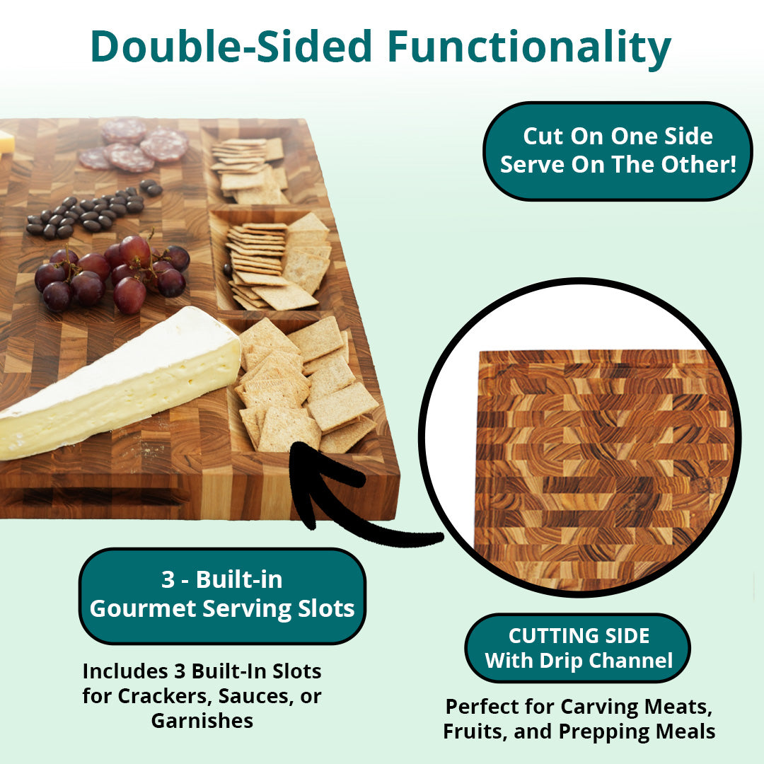 EcoDecors FSC Teak 20" x 15" End Grain Cutting Board with Charcuterie Tray