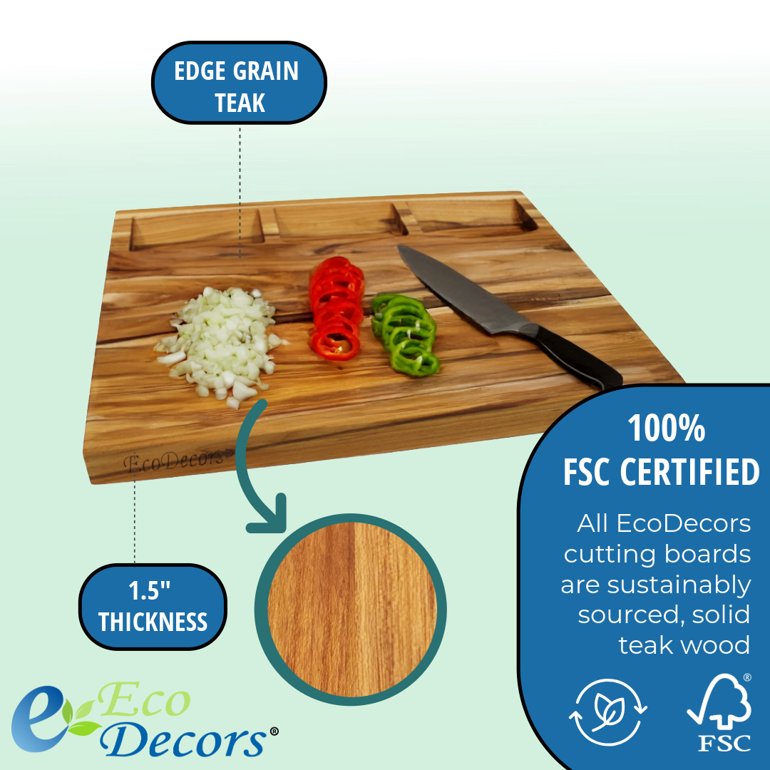 EcoDecors 20" x 15" FSC Teak Reversible Cutting Board with Trays & Groove