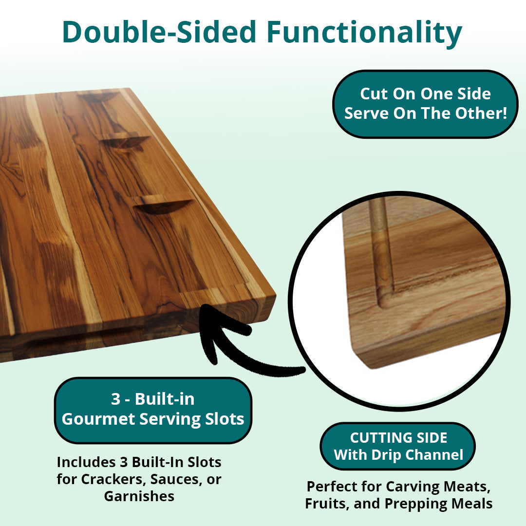 EcoDecors 20" x 15" FSC Teak Reversible Cutting Board with Trays & Groove